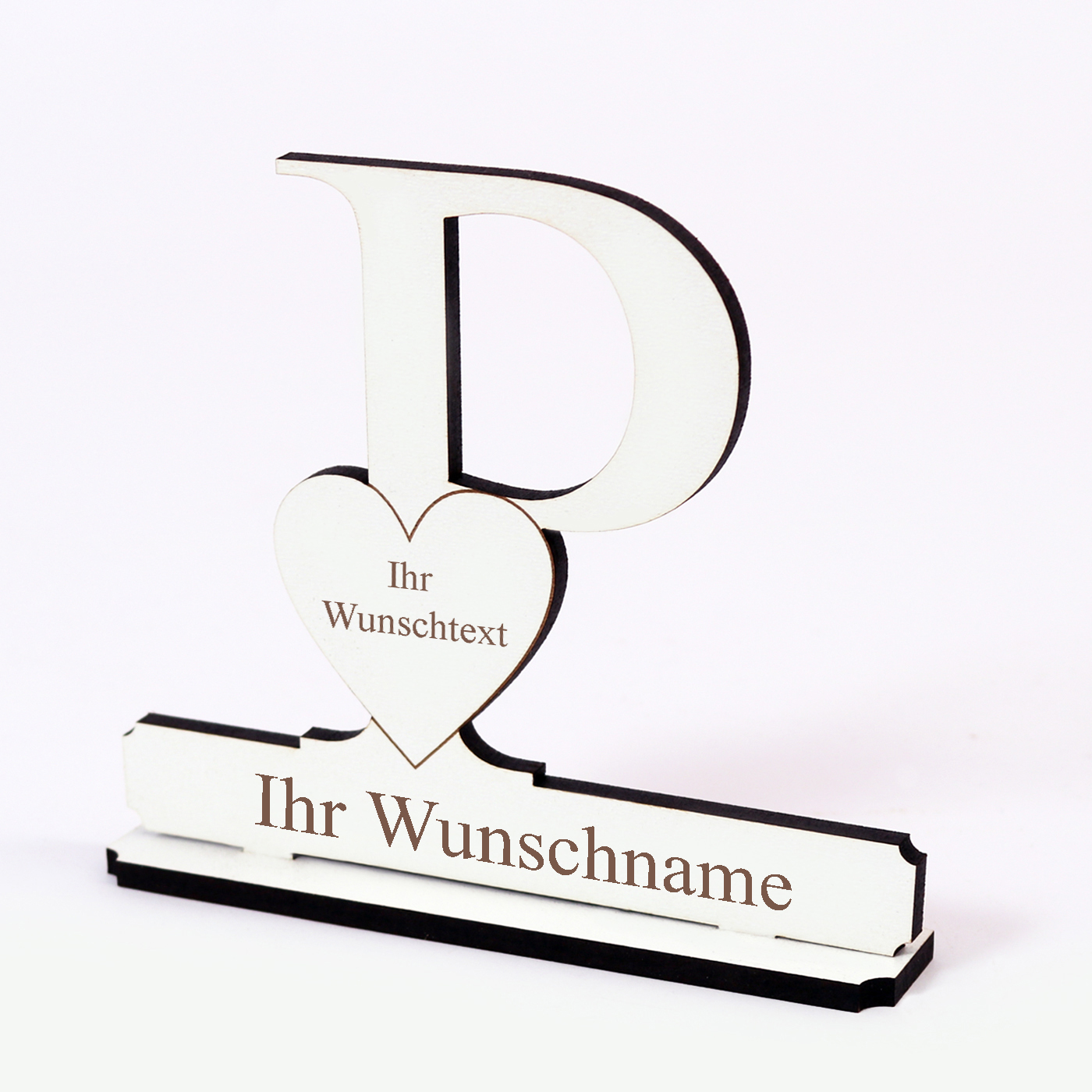 Buchstabe P mit Herz - Name und Wunschgravur - Schild zum Hinstellen