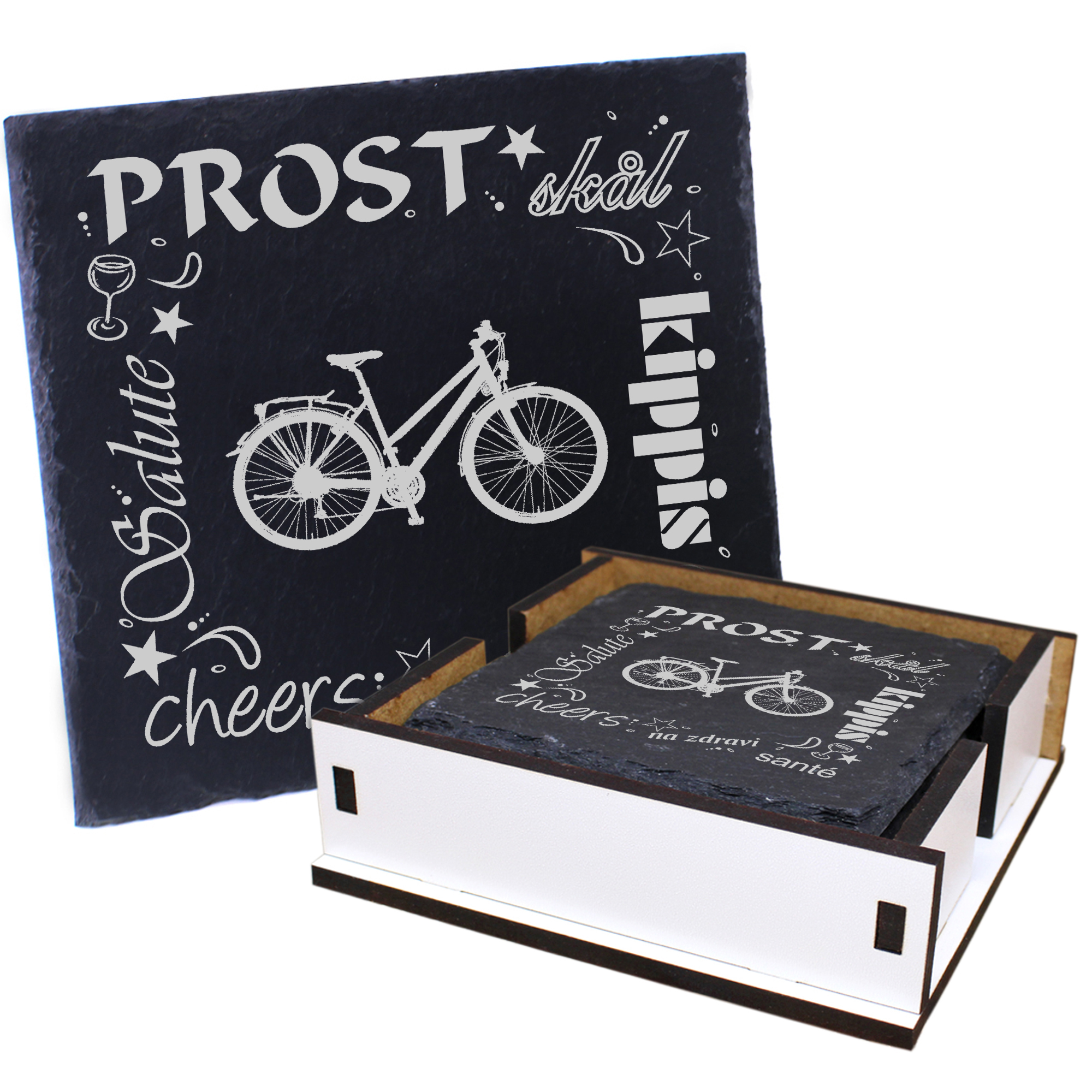 5 x Schiefer Untersetzer - Prost Damenrad - inkl. Holzbox & Flaschenuntersetzer