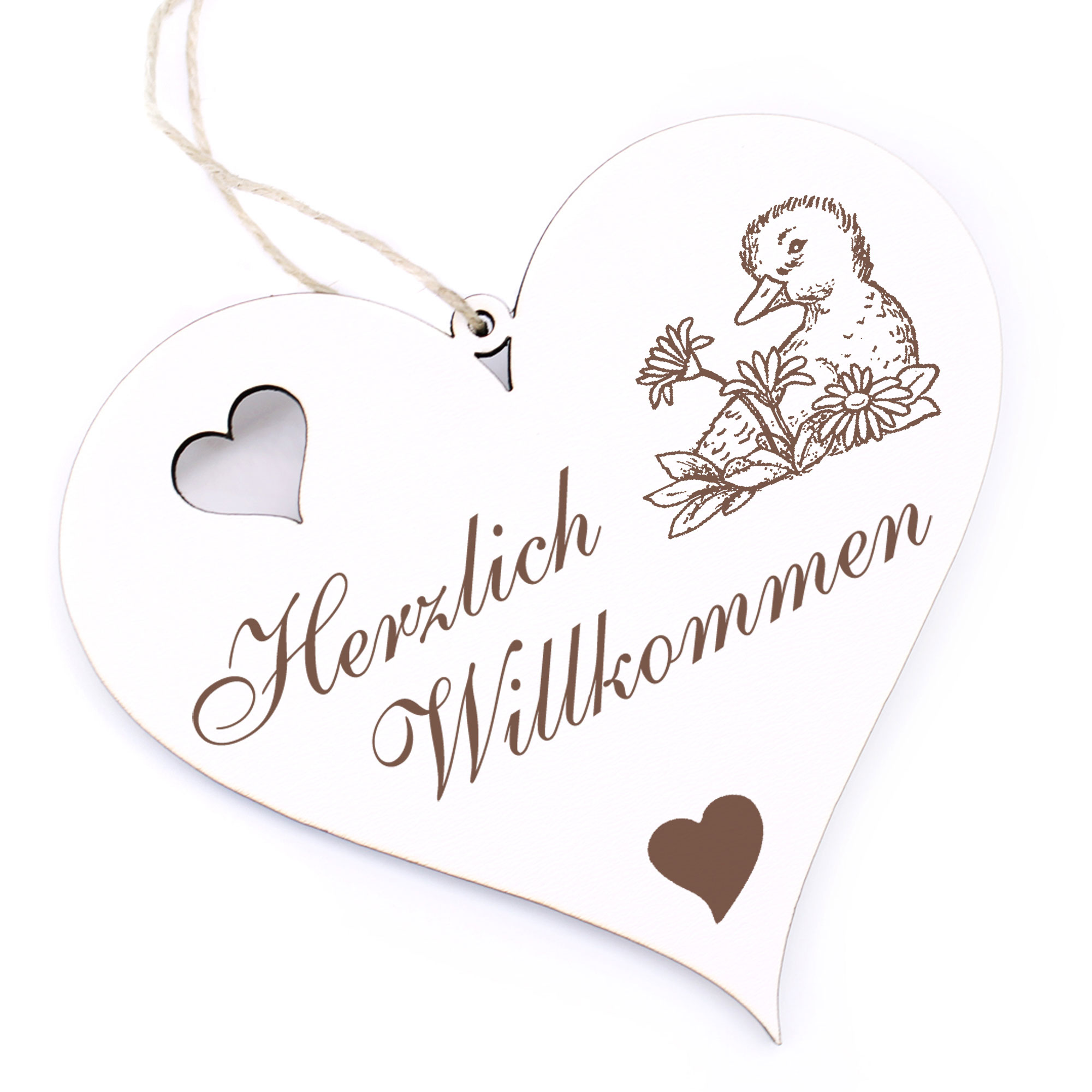 Herzlich Willkommen Schild - Ente mit Blume - Deko Herz Holz