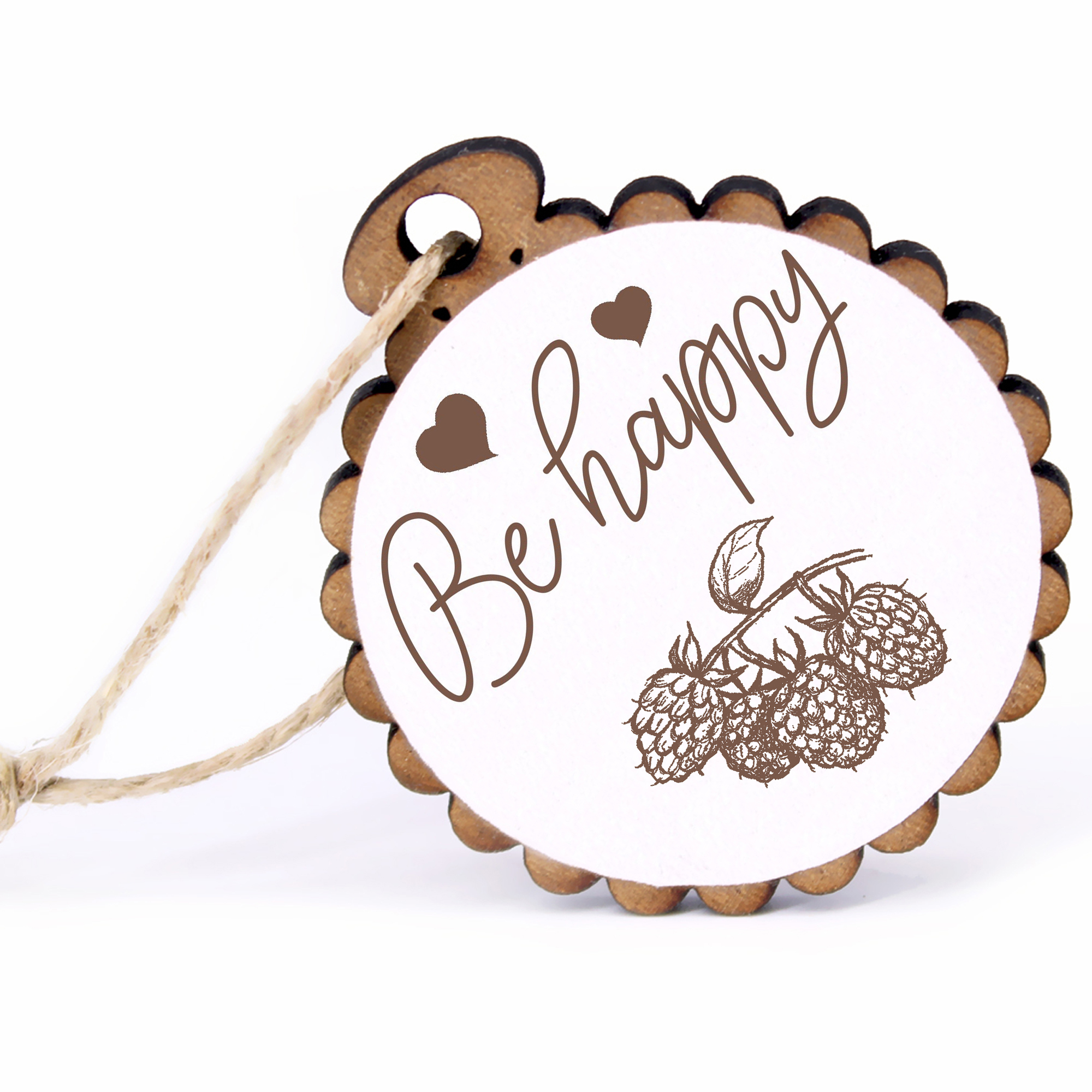 Geschenkanhänger - Be Happy Himbeere -  Holz Ø-5cm - mit Juteband