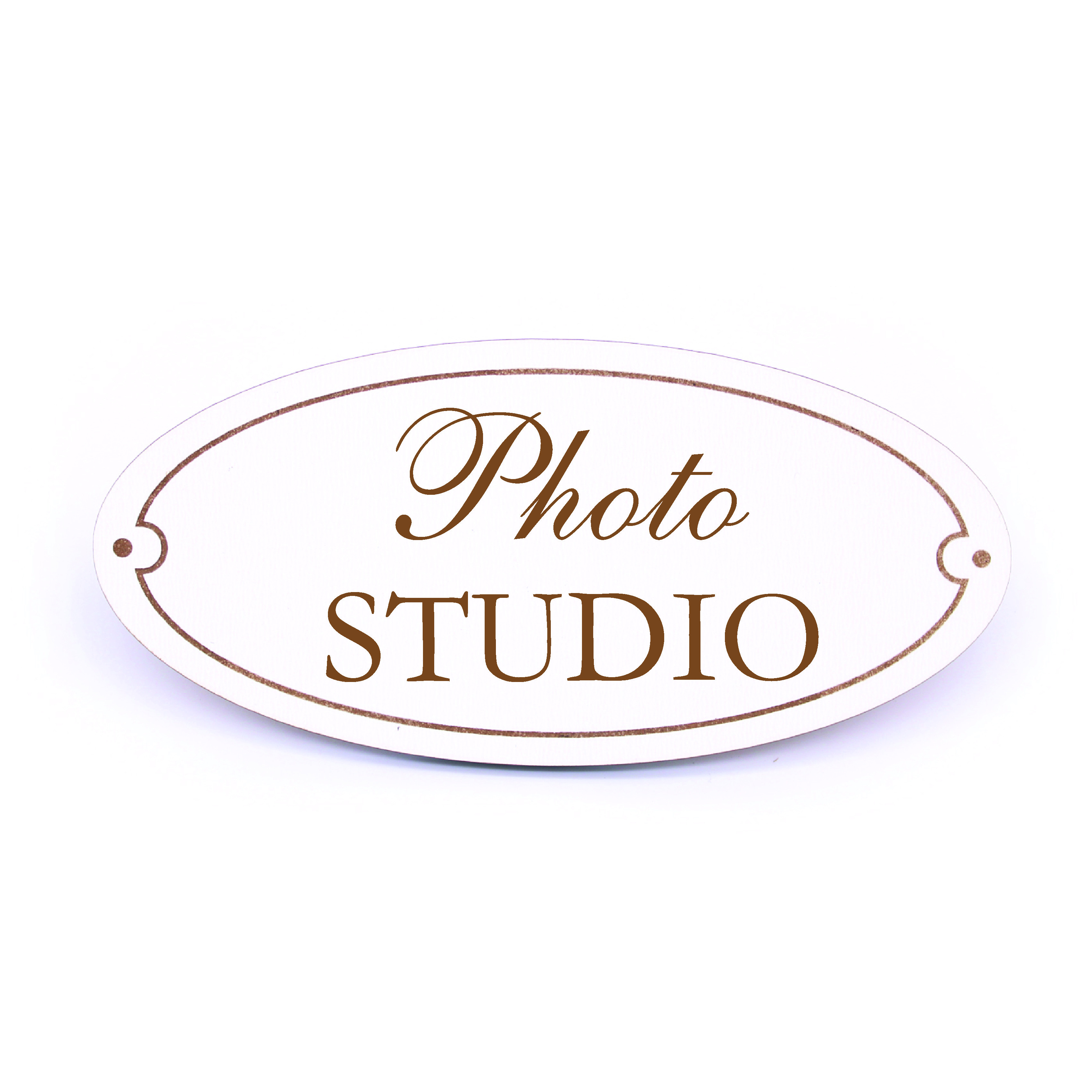 Türschild PHOTO STUDIO Schild oval Fotostudio Fotograf weiß selbstklebend graviert Holz Türdeko 15x7