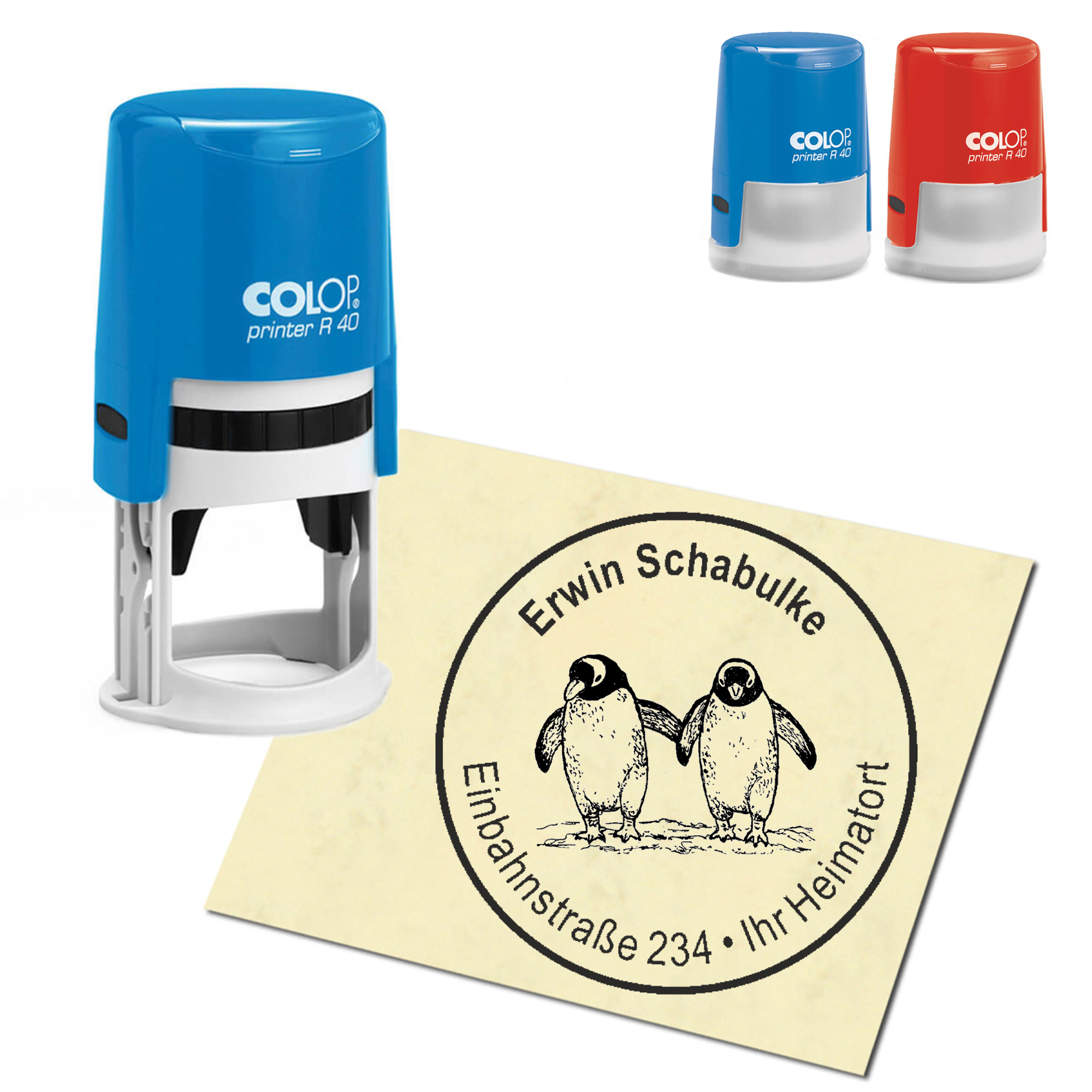 Stempel Adressstempel personalisiert - Pinguinpaar - rund &empty; 40mm