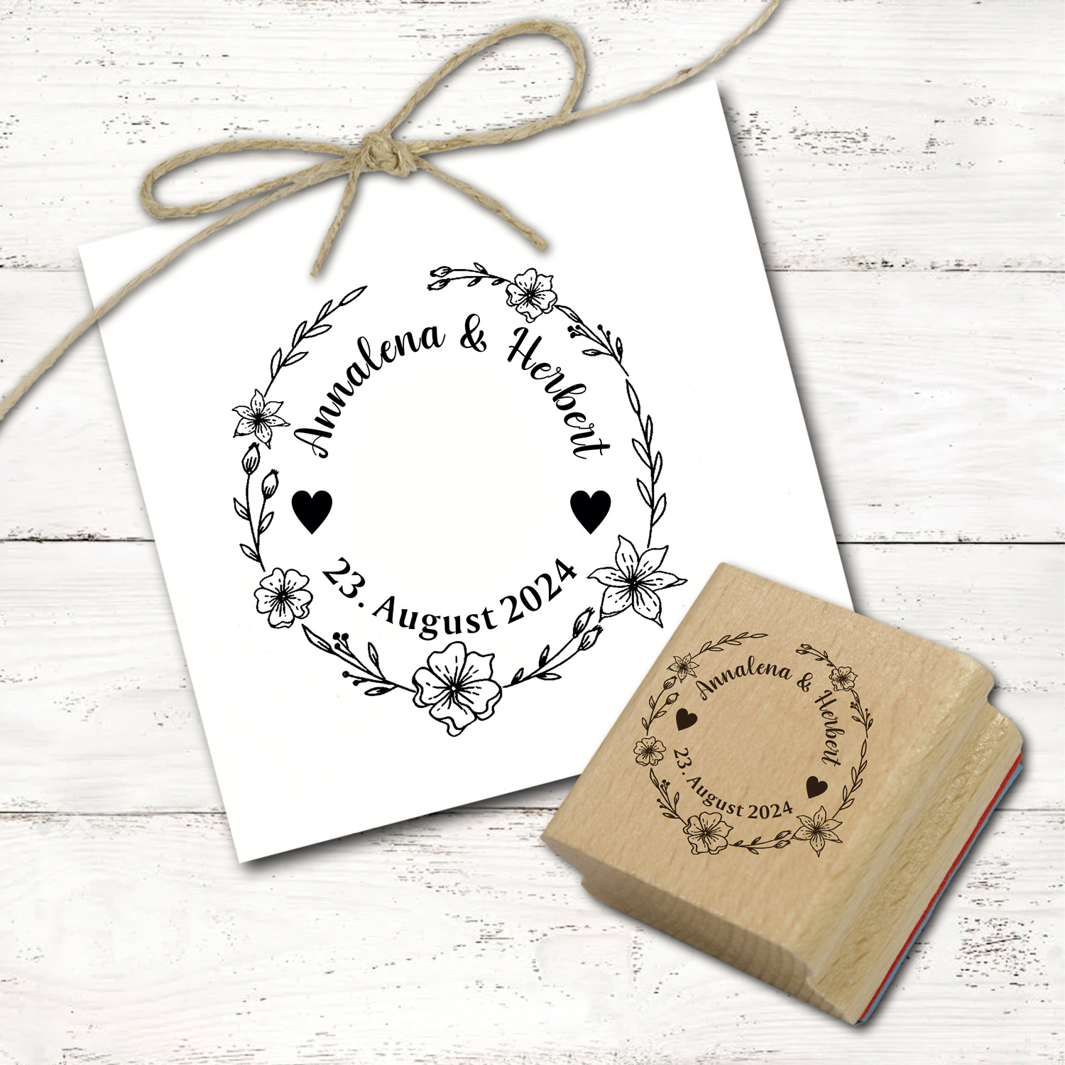 Motivstempel Hochzeit Hochzeitstag mit Namen, Datum und Wunschzahl - Blumen Kranz - Abdruck Ø 48 mm 