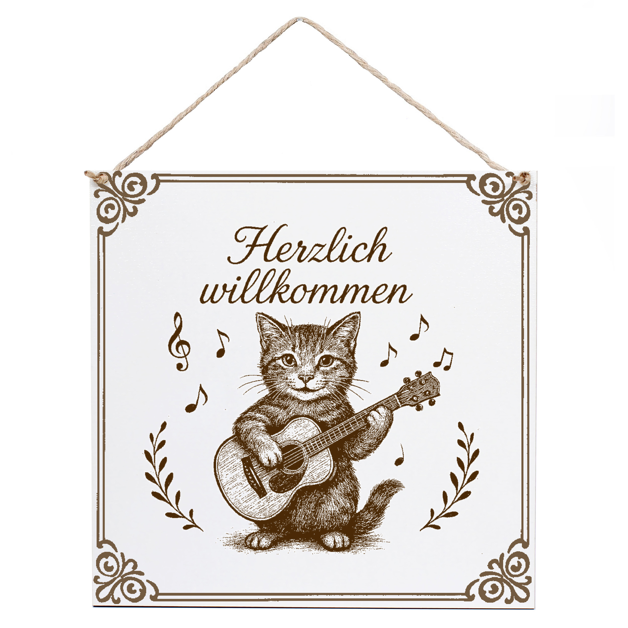 Herzlich Willkommen Katze mit Gitarre Schild 15×15 cm – Weißes HDF Türschild mit Gravur