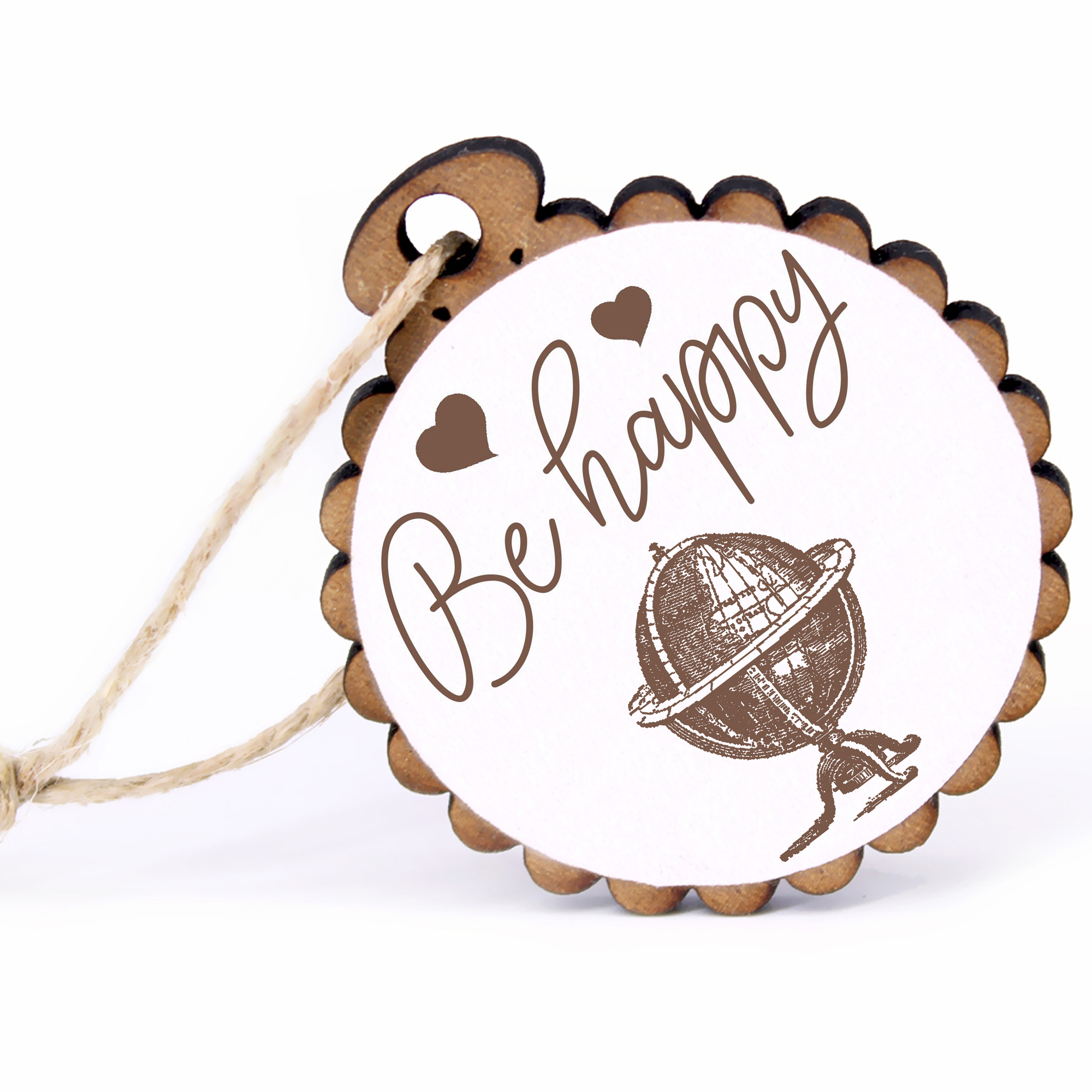 Geschenkanhänger - Be Happy antiker Globus -  Holz Ø-5cm - mit Juteband
