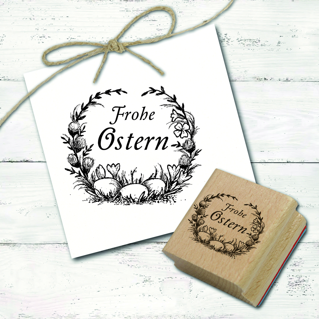 Motivstempel Frohe Ostern Weidenkätzchen Kranz Ostereier - Stempel Holzstempel 68 x 58 mm
