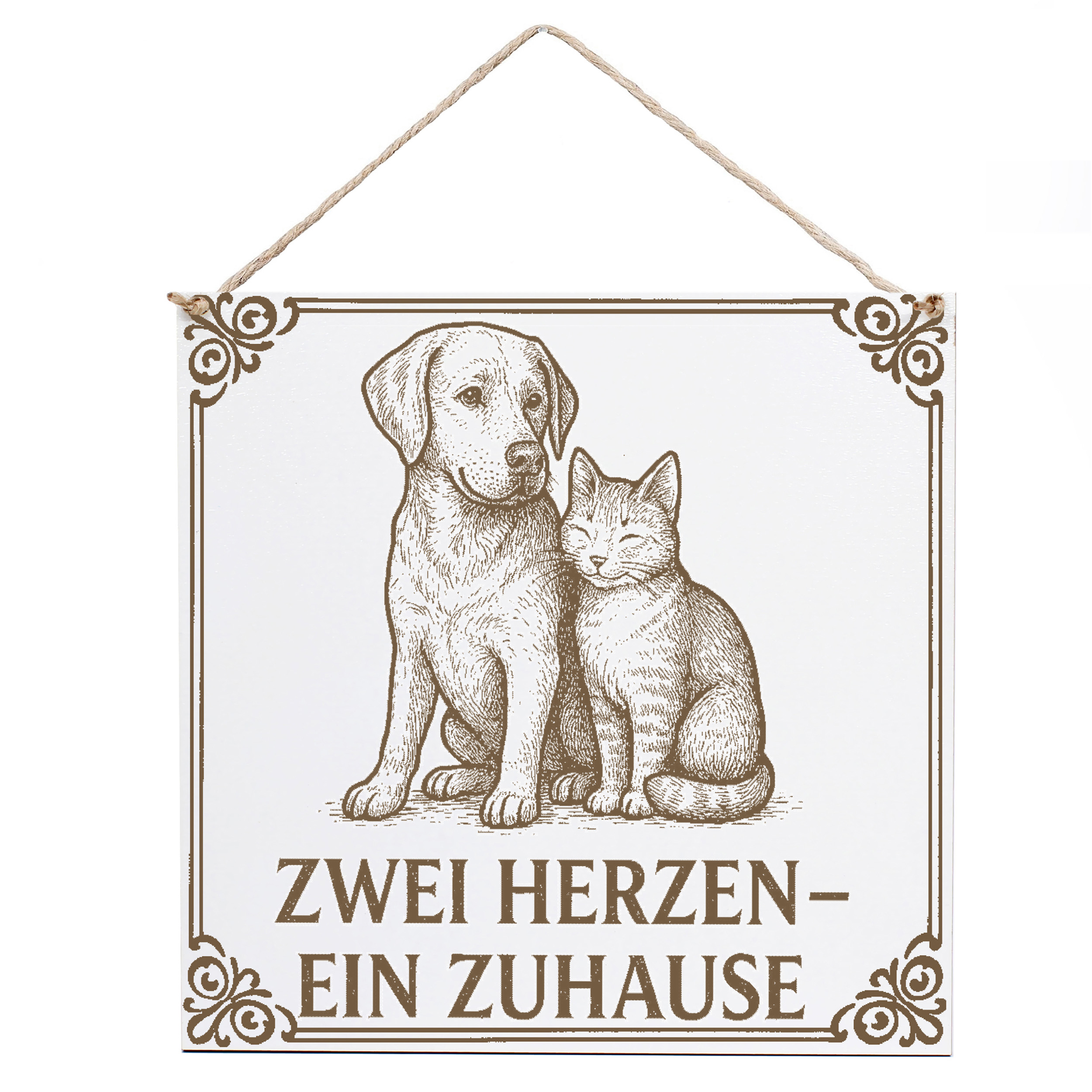 Dekoschild Hund und Katze Zwei Herzen - ein Zuhause 15×15 cm aus weißem HDF – Graviertes Spruchschild