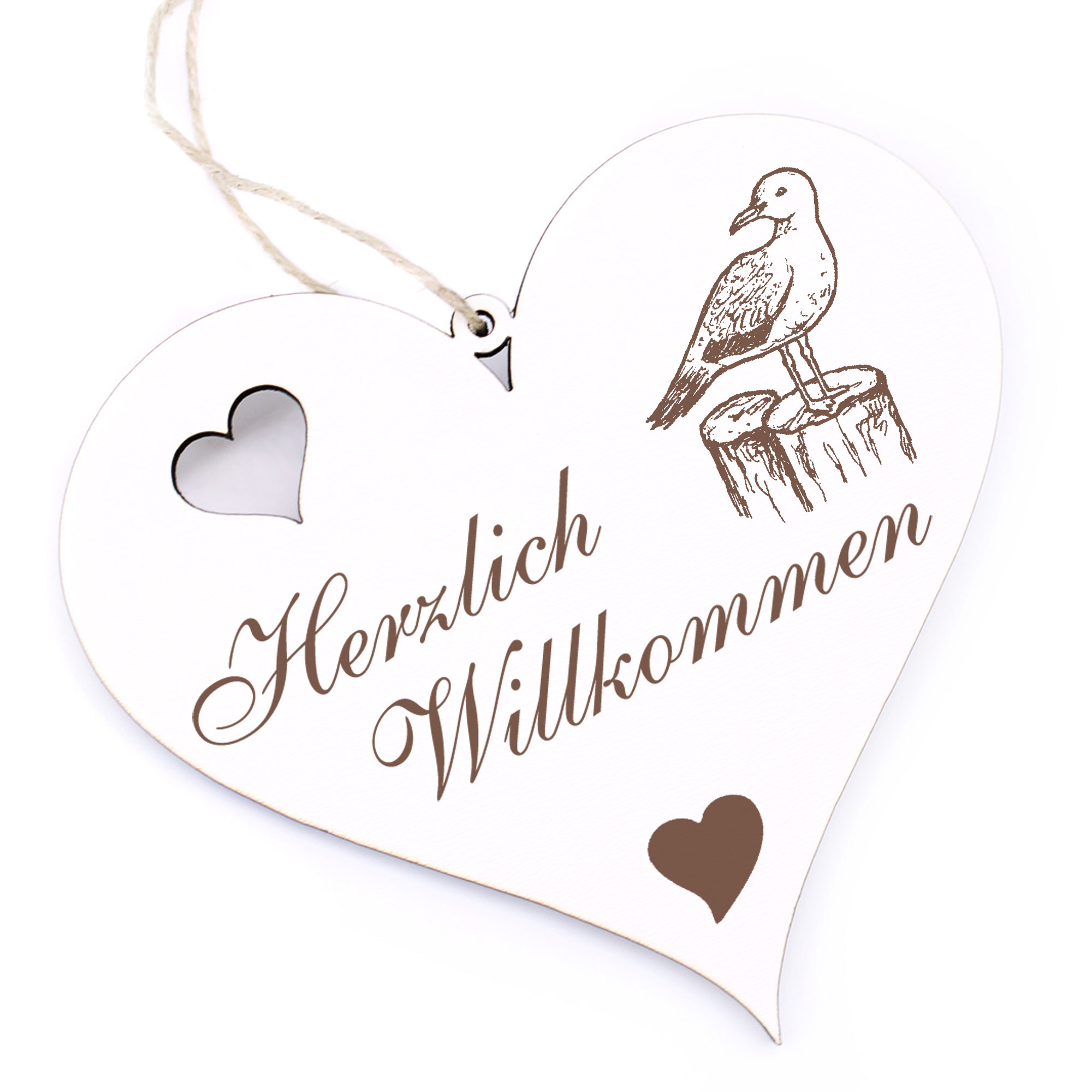 Herzlich Willkommen Schild - Möwe auf einer Buhne - Deko Herz Holz