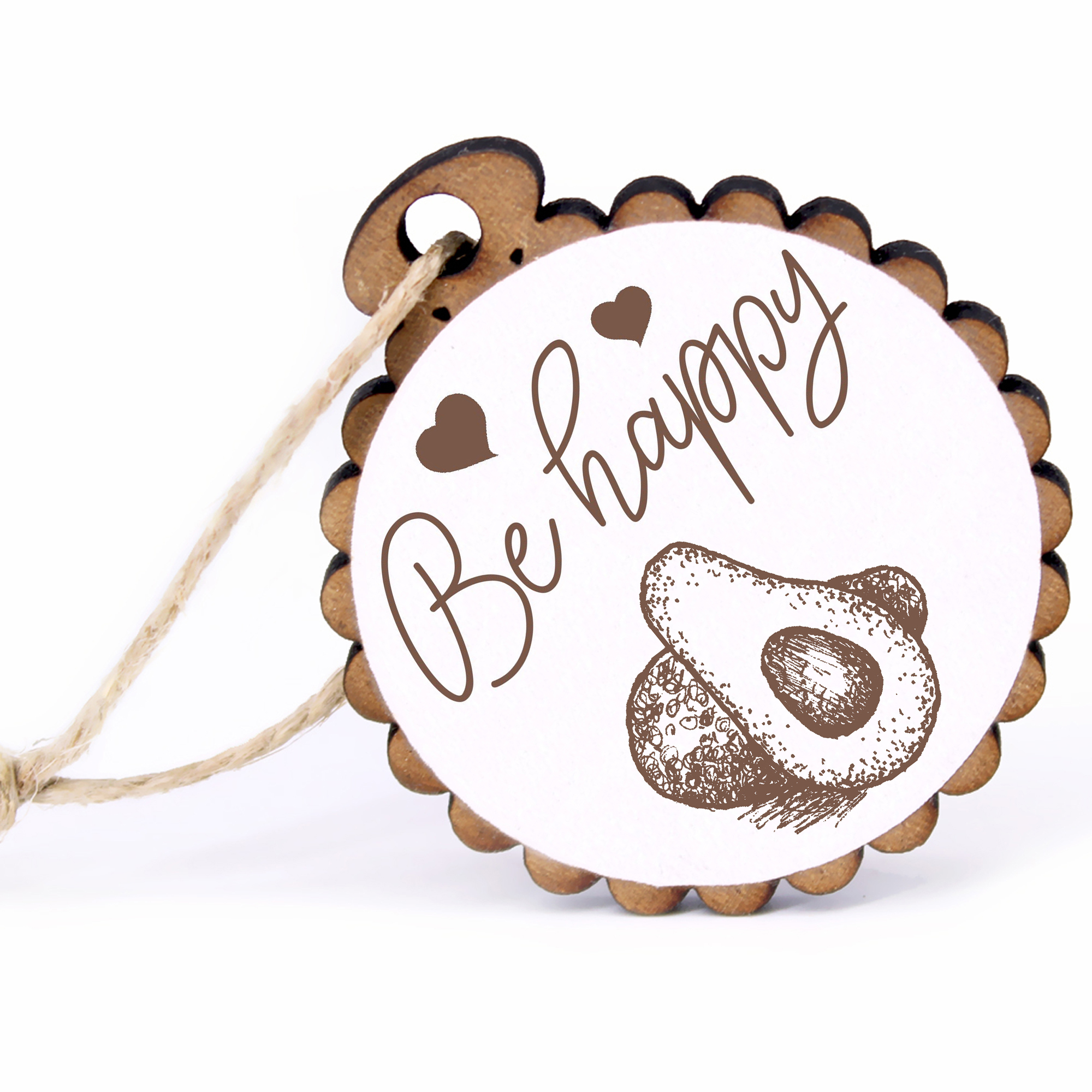 Geschenkanhänger - Be Happy Avokado -  Holz Ø-5cm - mit Juteband