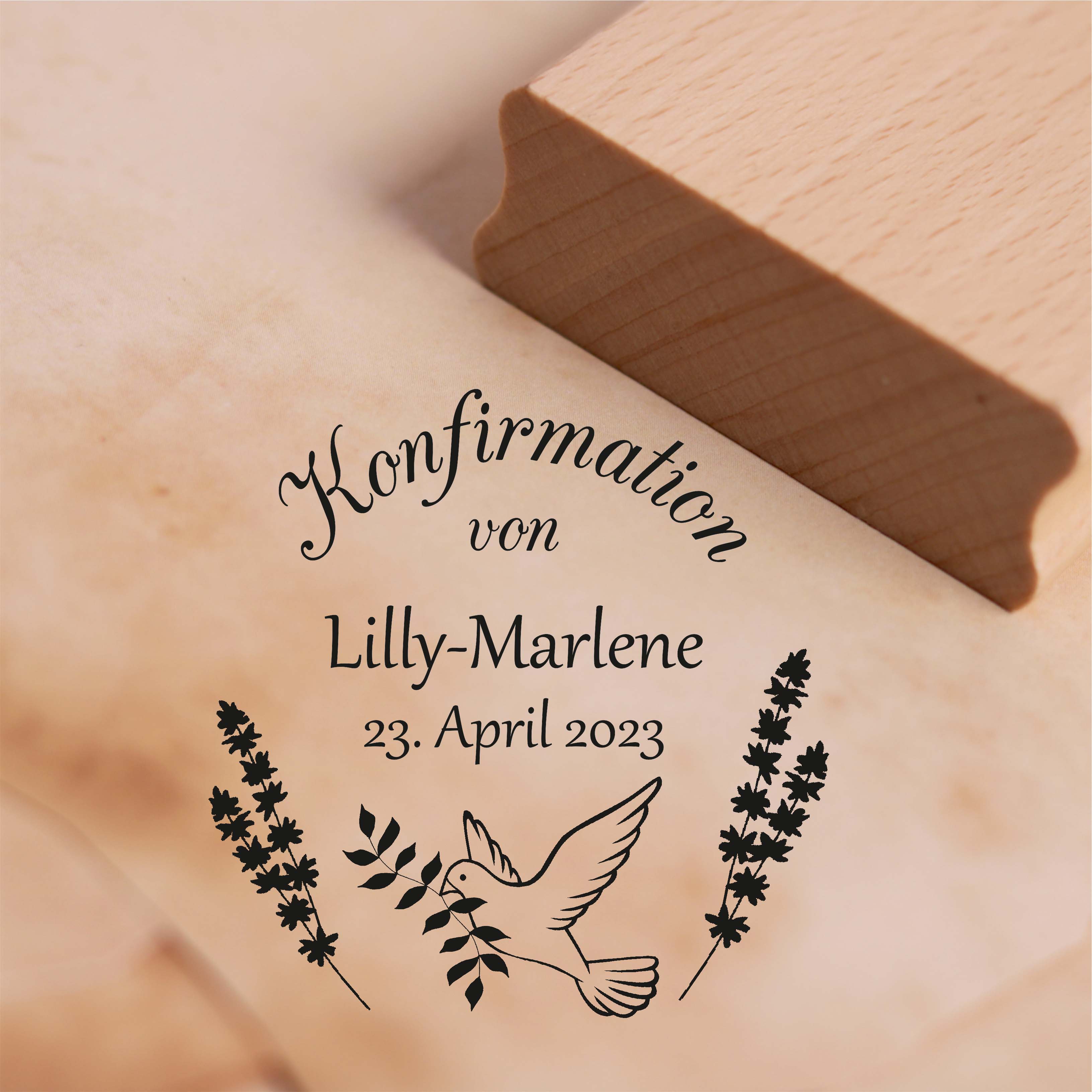 Stempel Konfirmation von - mit Name und Datum - Motiv Taube Motivstempel 38 x 38 mm