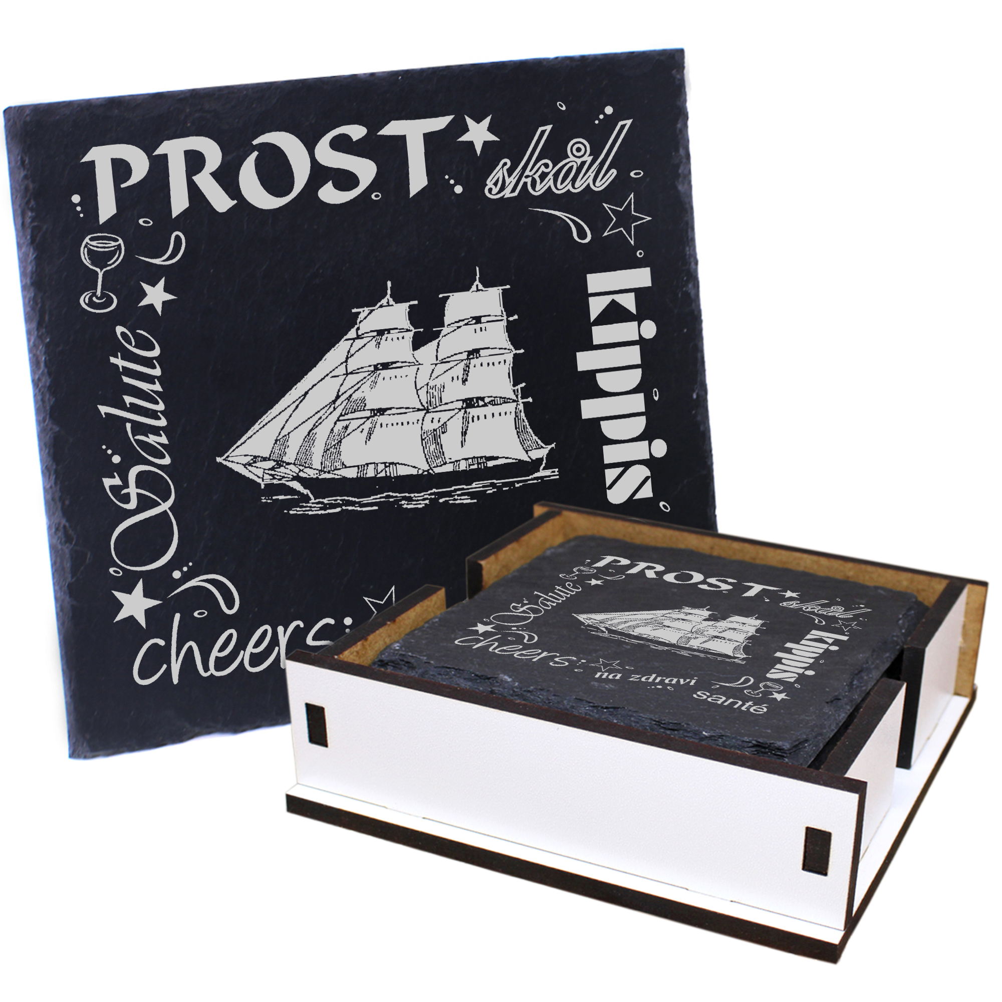 5 x Schiefer Untersetzer - Prost Zweimaster - inkl. Holzbox & Flaschenuntersetzer