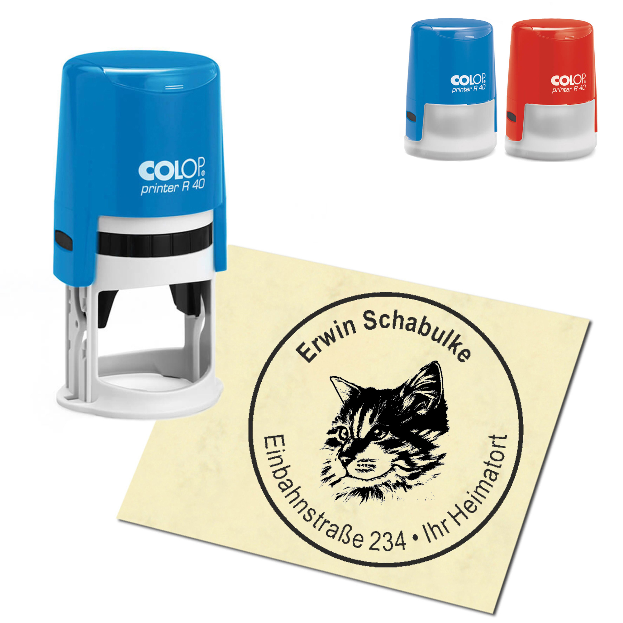 Stempel Adressstempel personalisiert - Maine Coon Katze Kopf - rund &empty; 40mm