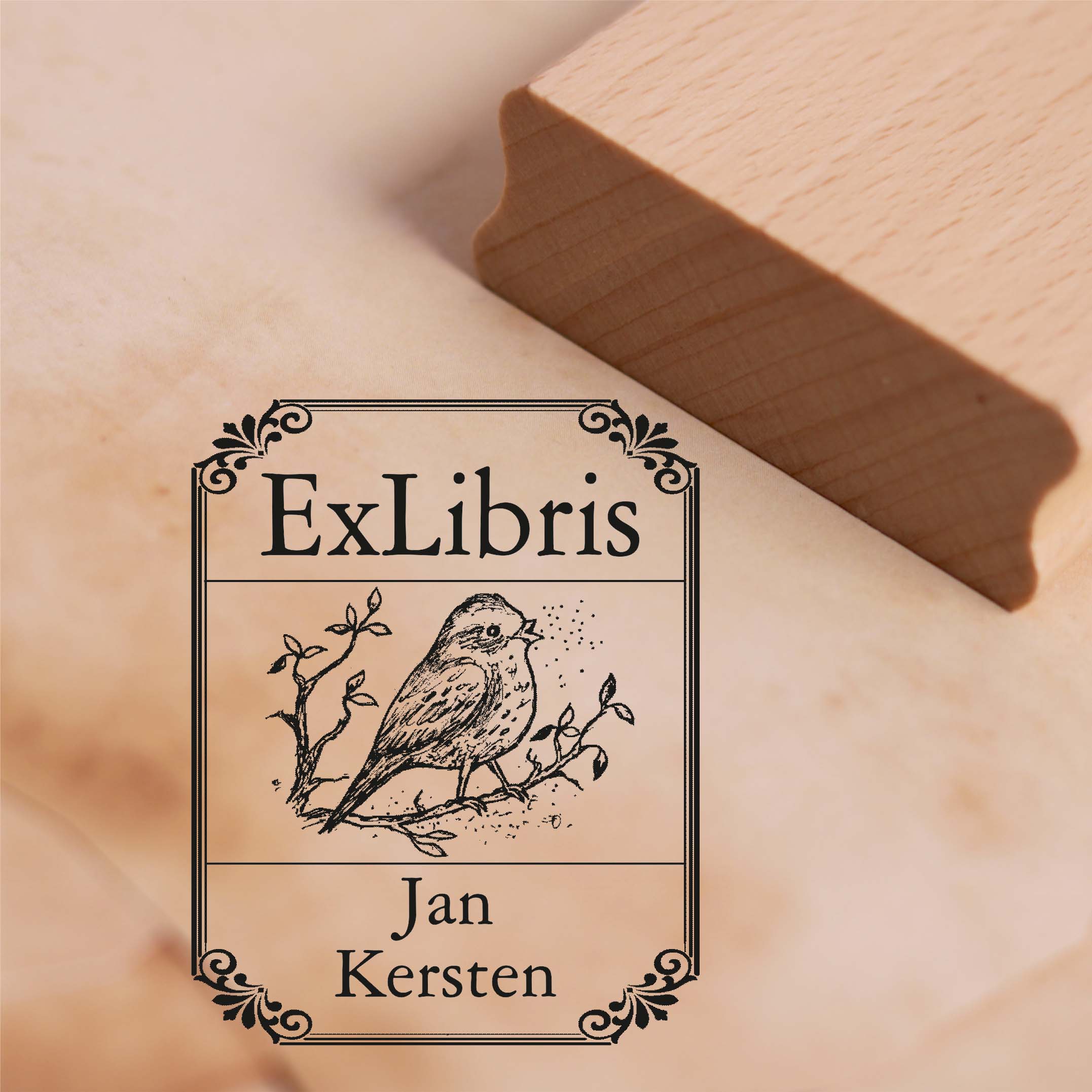 Ex Libris Stempel Singender Vogel mit Name - Vintage Rahmen - Exlibris Motivstempel 38 x 48 mm