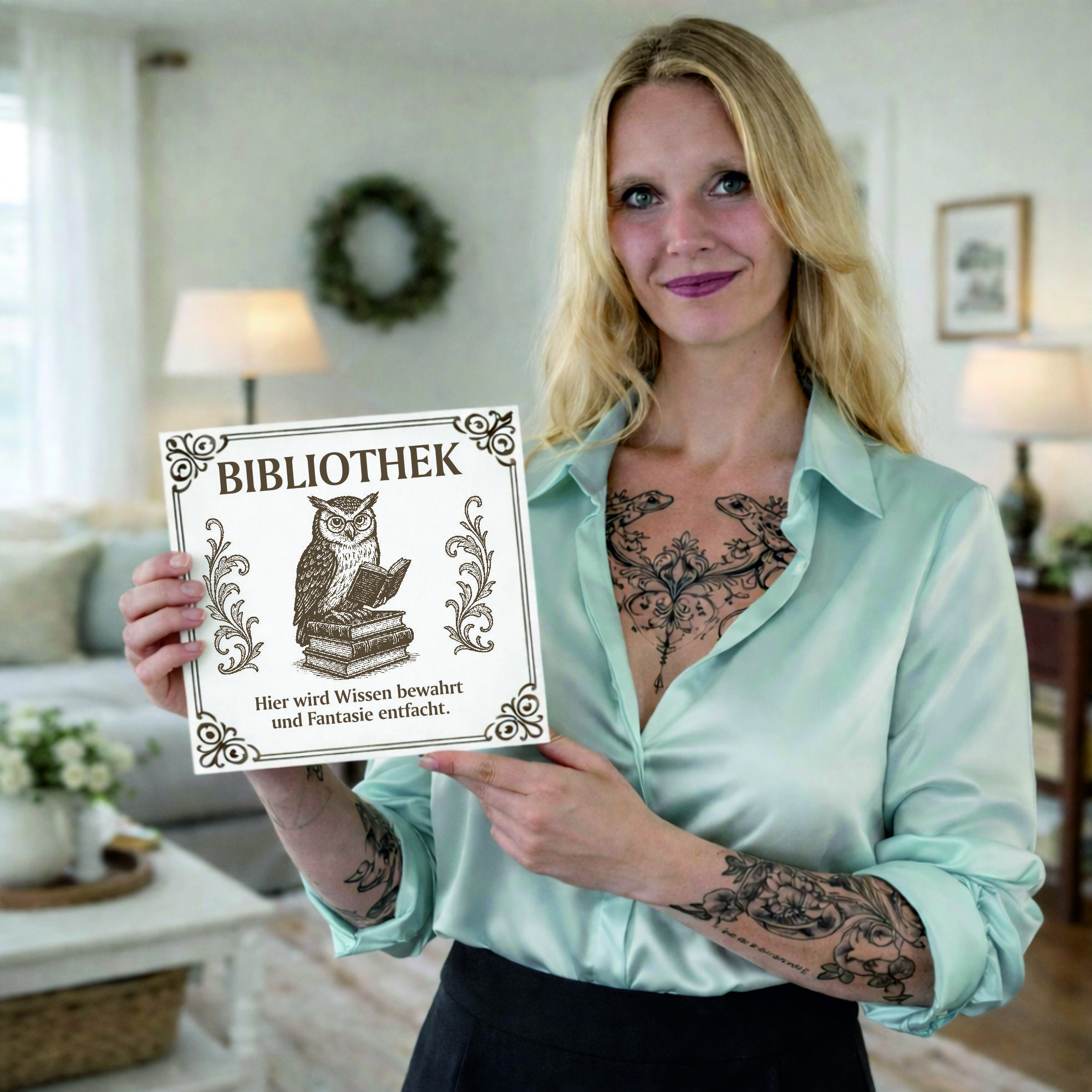 Bibliothek Holzschild mit Eule – Bücherliebhaber Geschenk – Lesezimmer Deko – Hier wird Wissen bewahrt und Fantasie entfacht – Vintage Bibliothek Schild