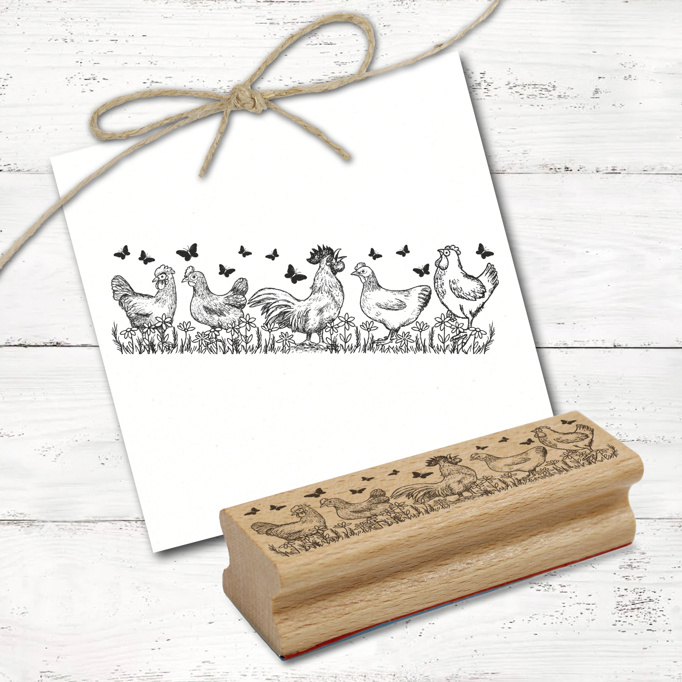 Motivstempel Hühner, Hahn und Schmetterlinge - Stempel Bauernhof Holzstempel - 98 x 28 mm