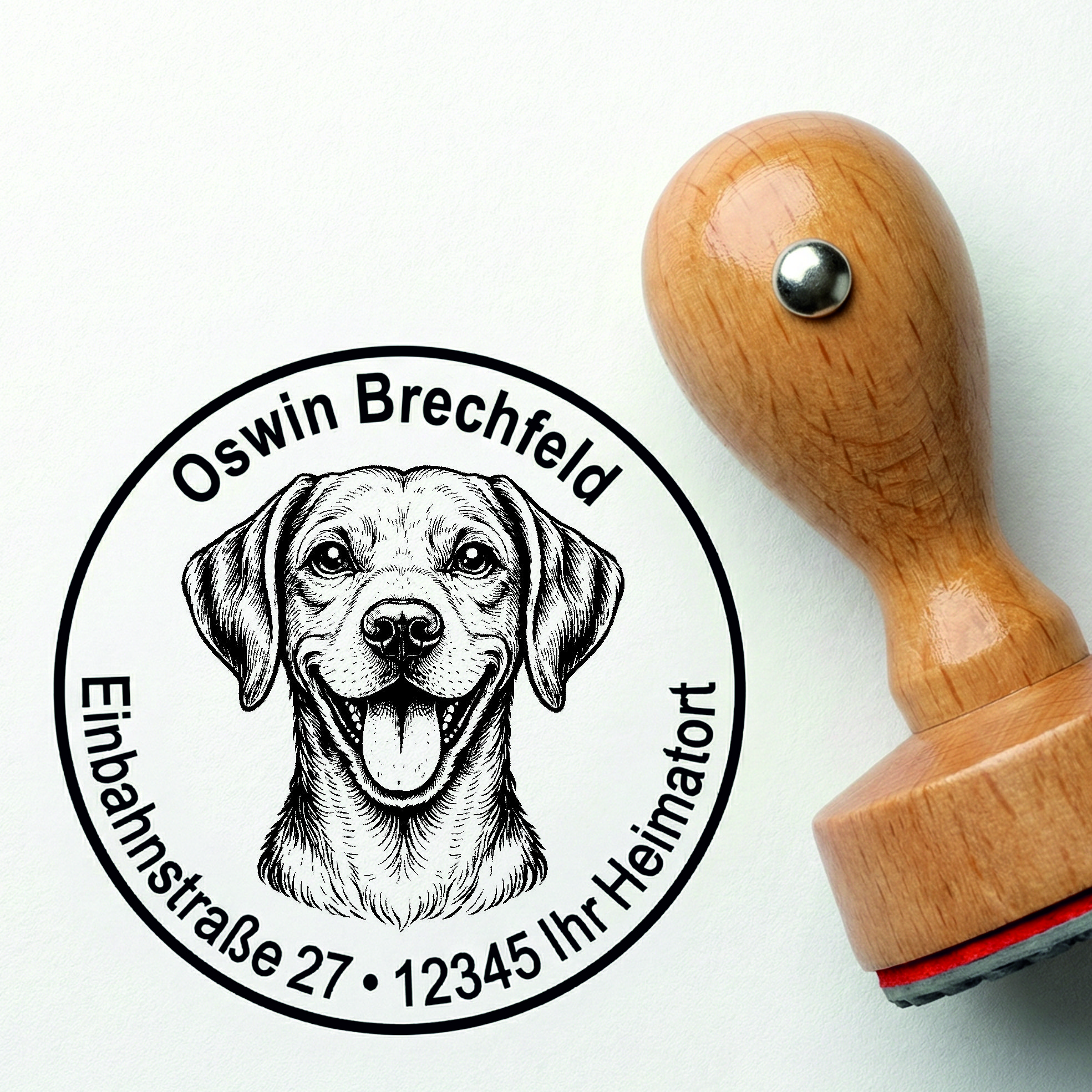 Stempel Vizsla personalisiert – Hund Holzstempel mit Name & Adresse