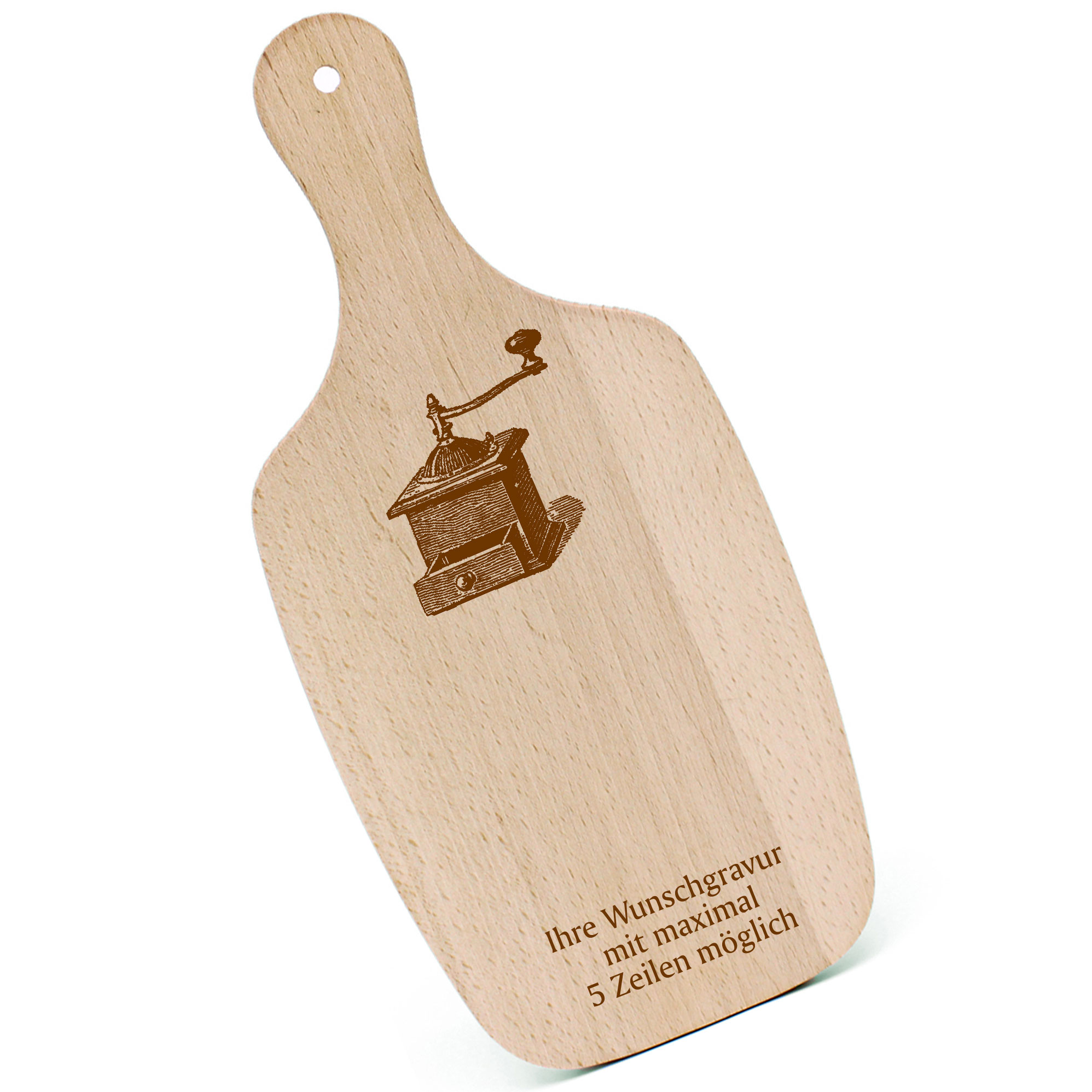 Schneidebrett Frühstücksbrettchen - Kurbel Kaffeemühle - mit Griff 330x150mm