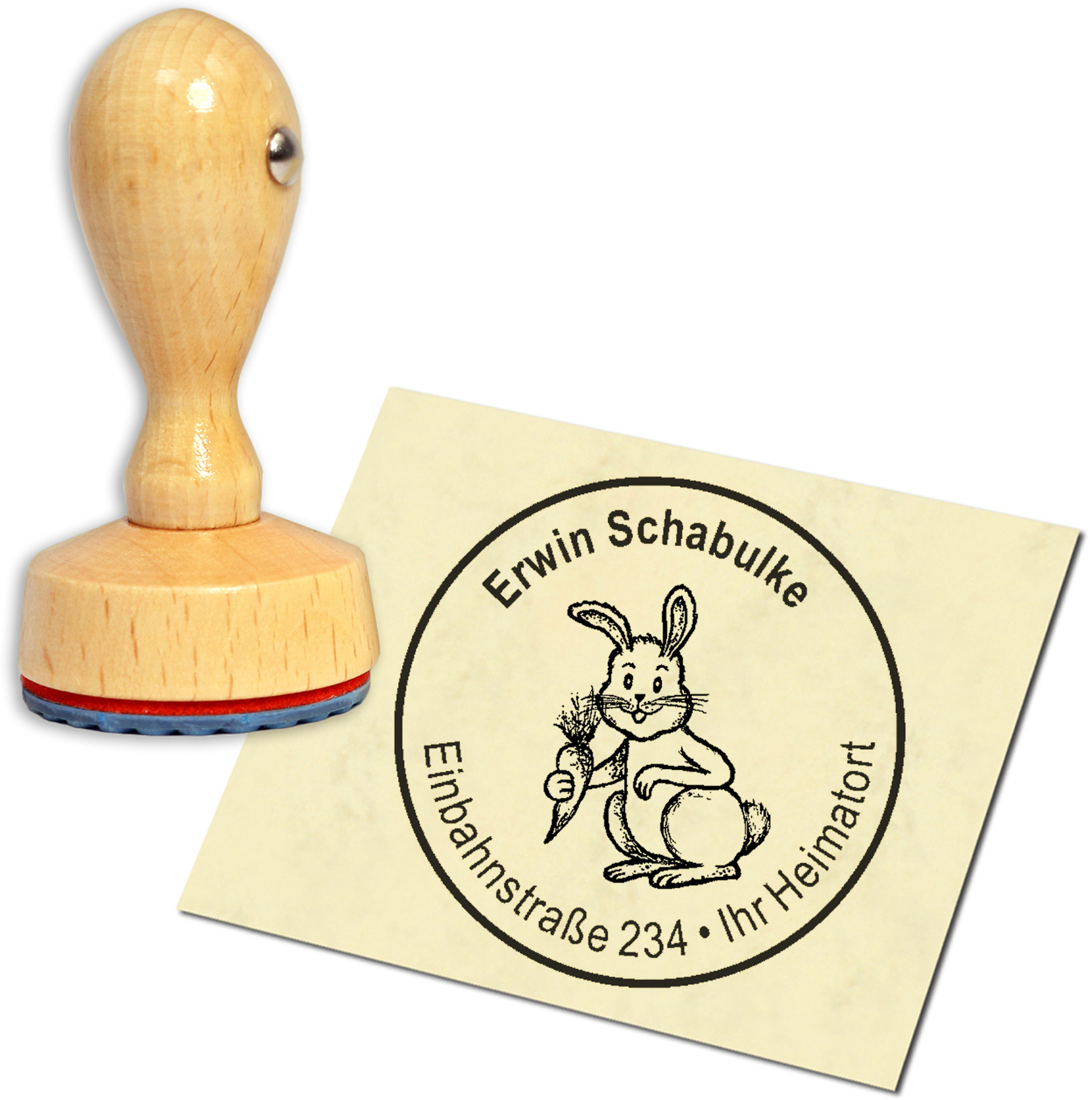 Stempel Adressstempel Holzstempel - Hase mit Möhre - rund 40mm
