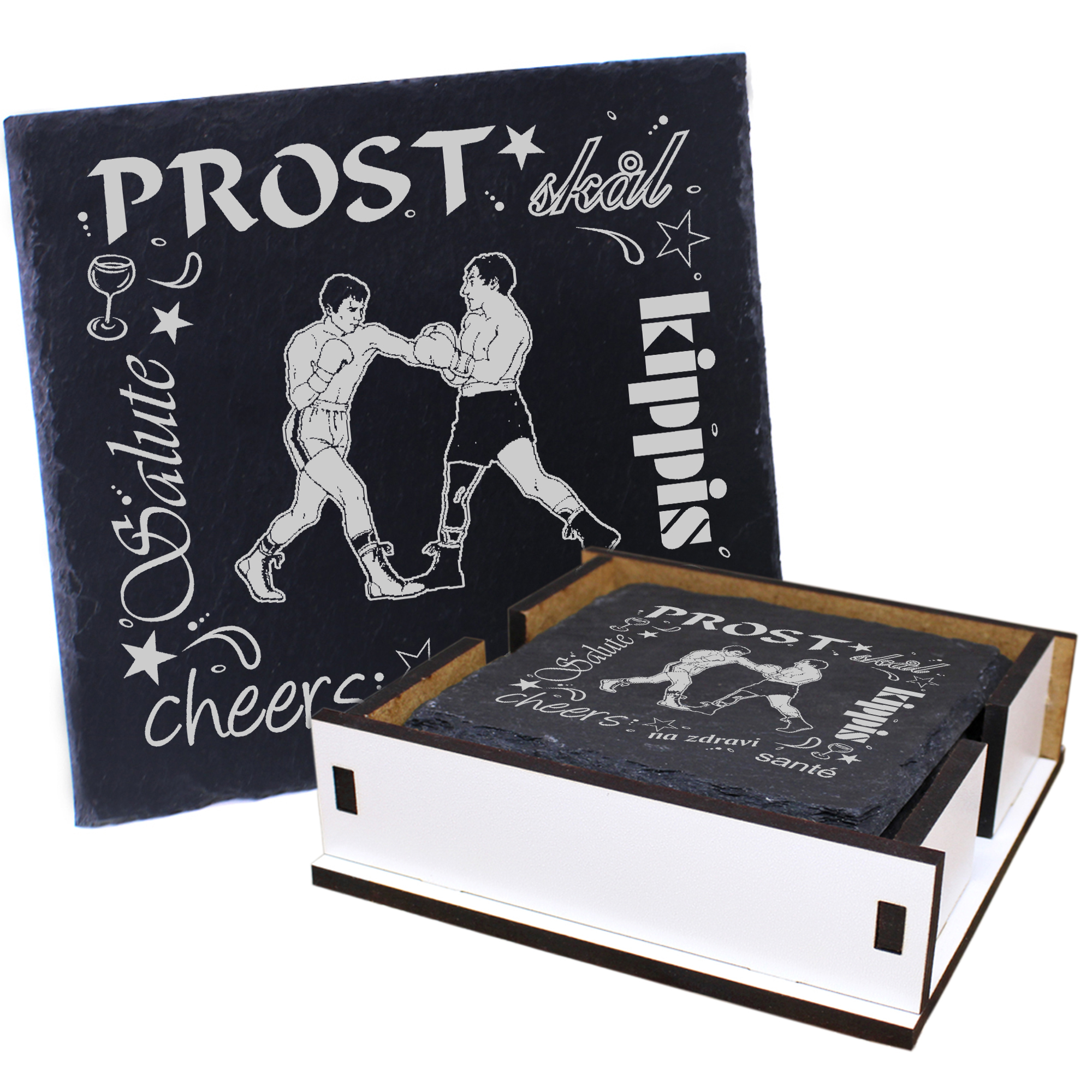 5 x Schiefer Untersetzer - Prost Boxen - inkl. Holzbox & Flaschenuntersetzer