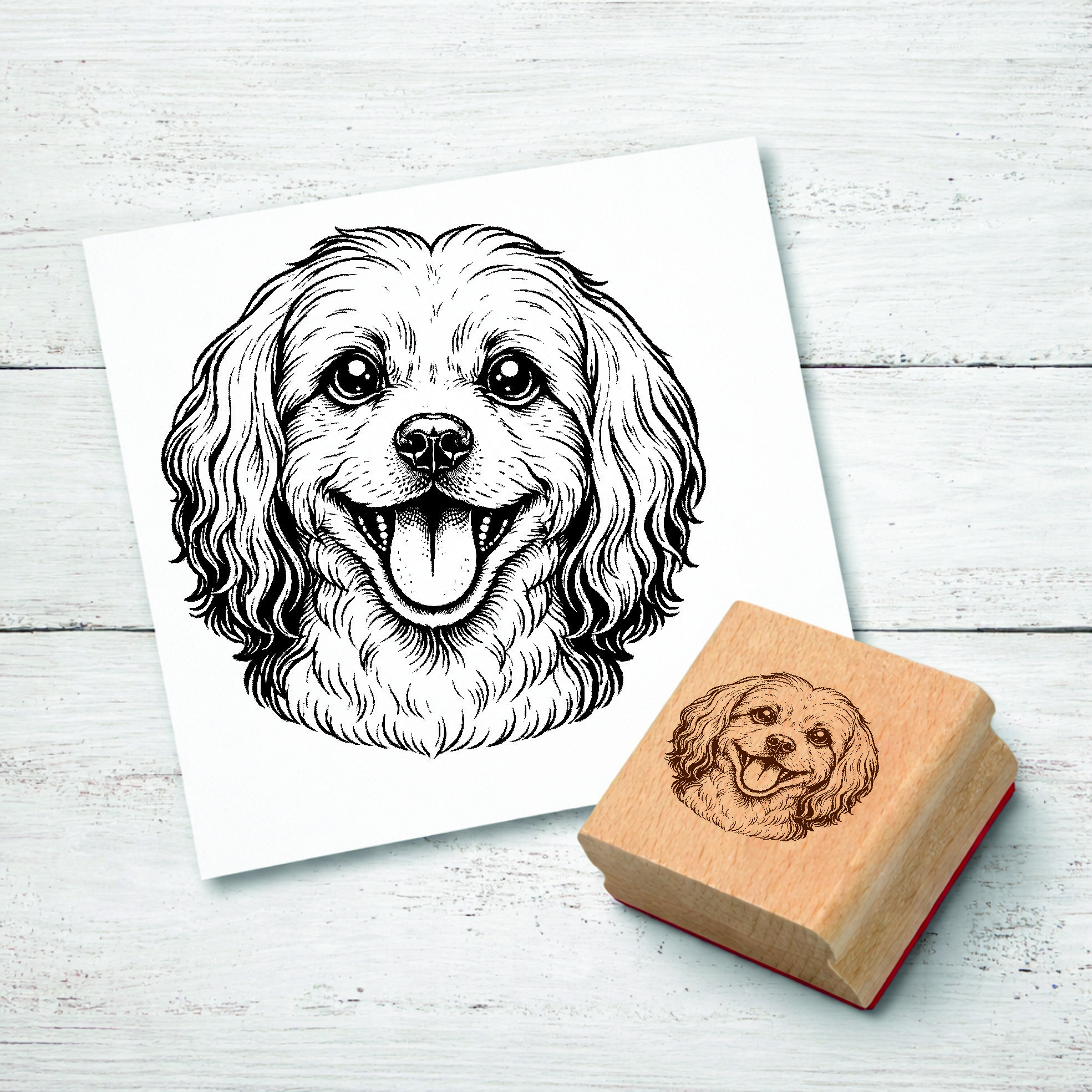 Motivstempel Malteser Hund - Stempel mit Hundemotiv - Holzstempel Abdruck 48 x 47 mm