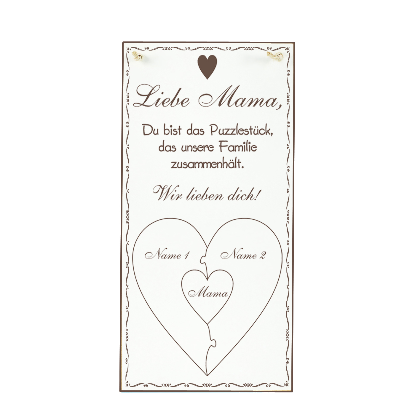 Personalisiertes Holzschild Muttertag - mit 2 Namen der Kinder - Puzzle Herz Motiv 10 x 20 cm