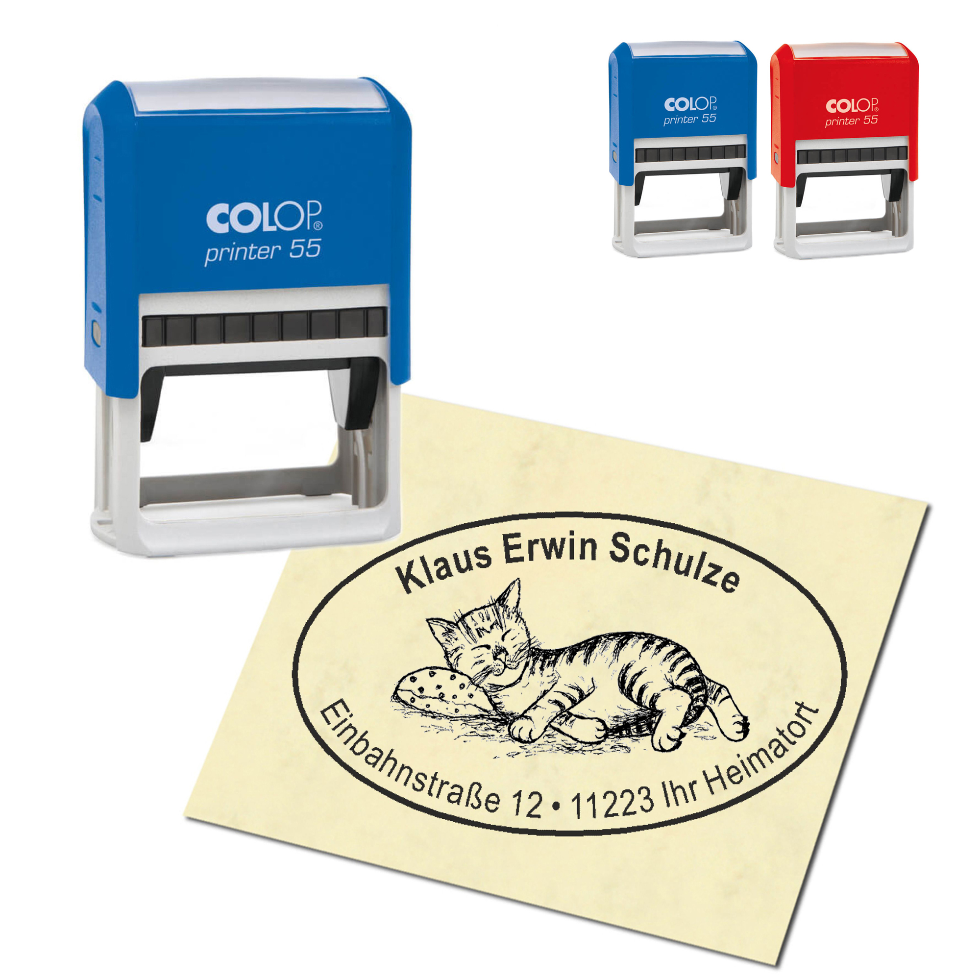 Adressstempel personalisiert Stempel - niedliche Katze auf Kissen - oval 59 x 39 mm