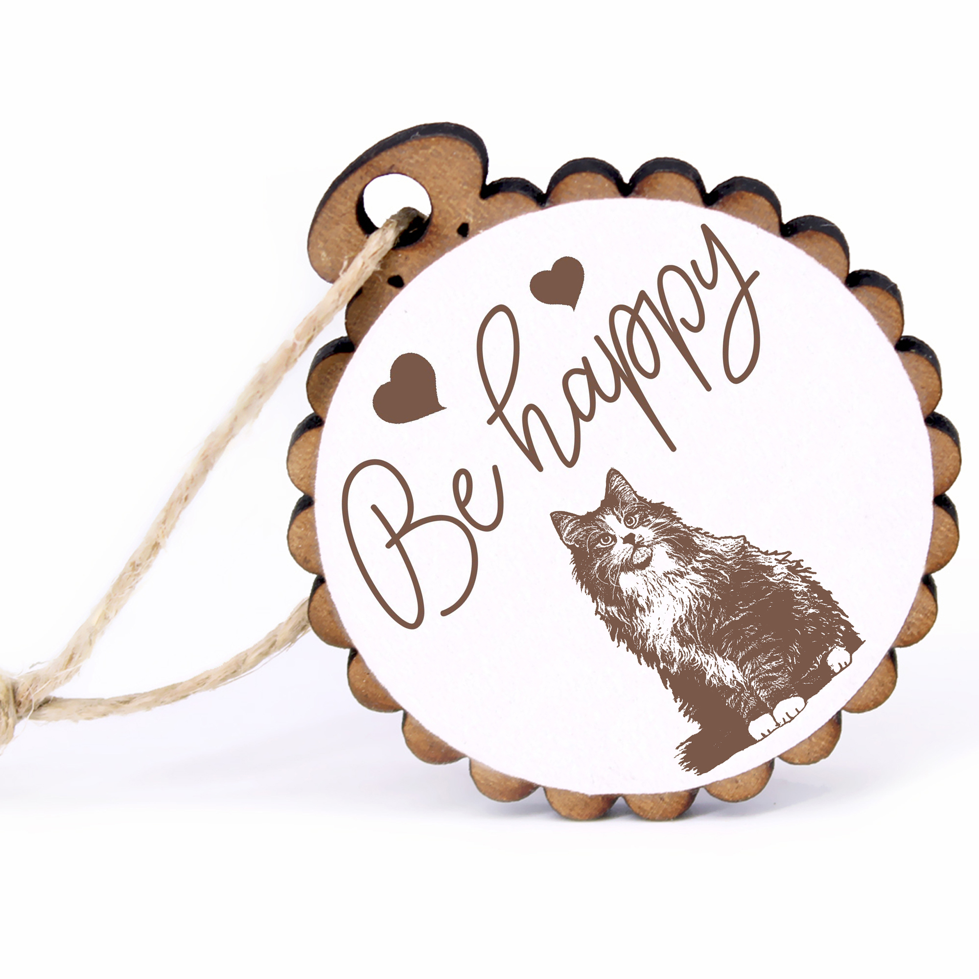 Geschenkanhänger - Be Happy Norwegische Waldkatze -  Holz Ø-5cm - mit Juteband
