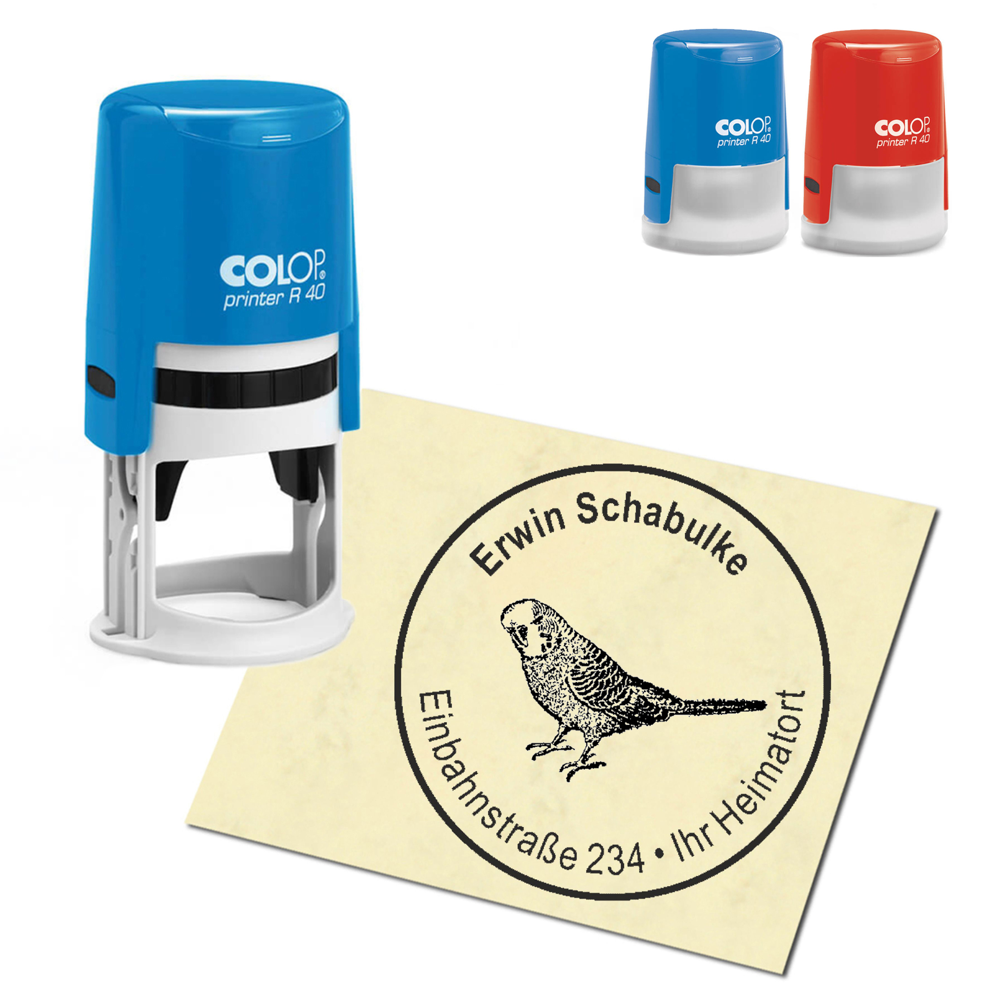 Stempel Adressstempel personalisiert - Wellensittich - rund &empty; 40mm