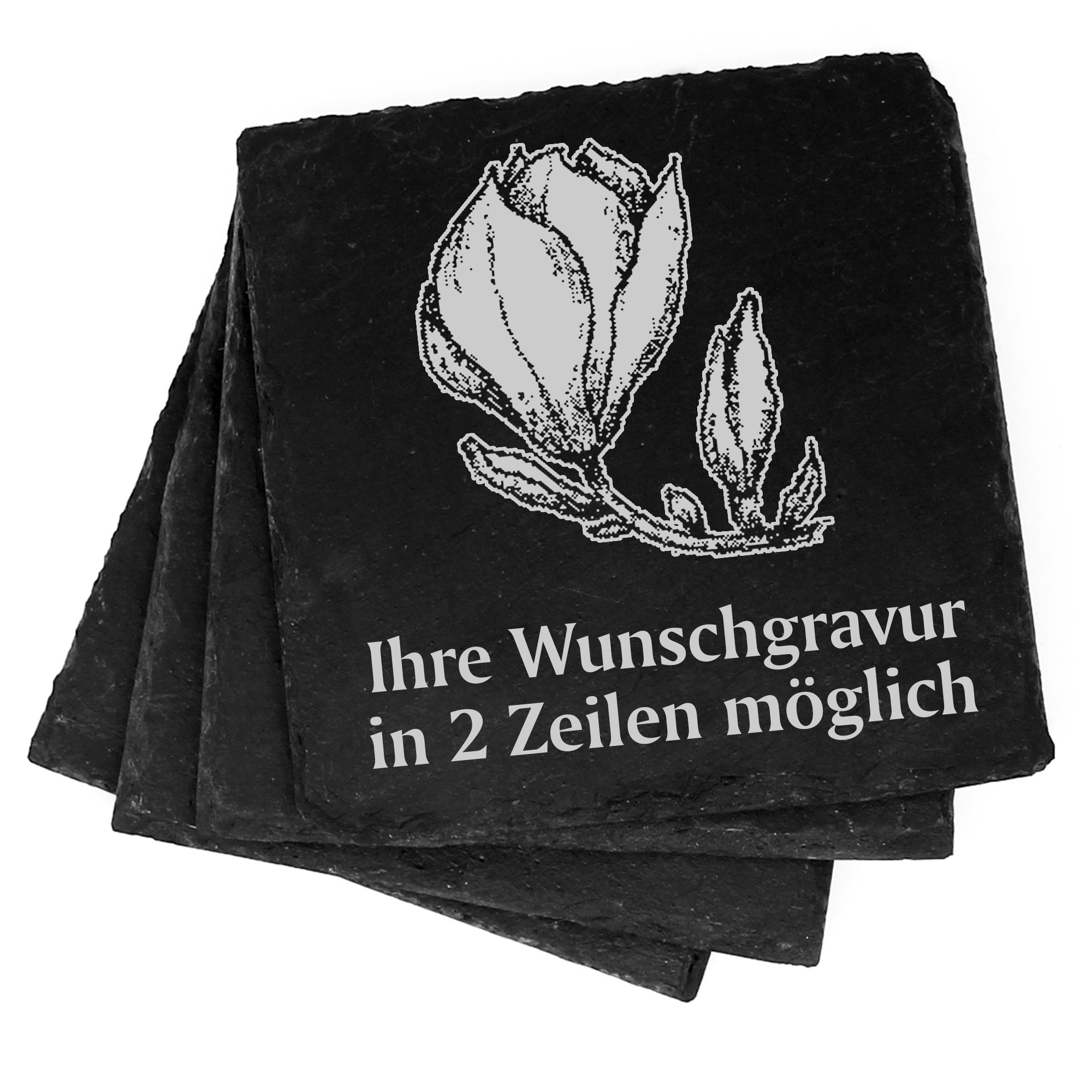 4x Magnolie Deko Schiefer Untersetzer Wunschgravur Set - 11 x 11 cm