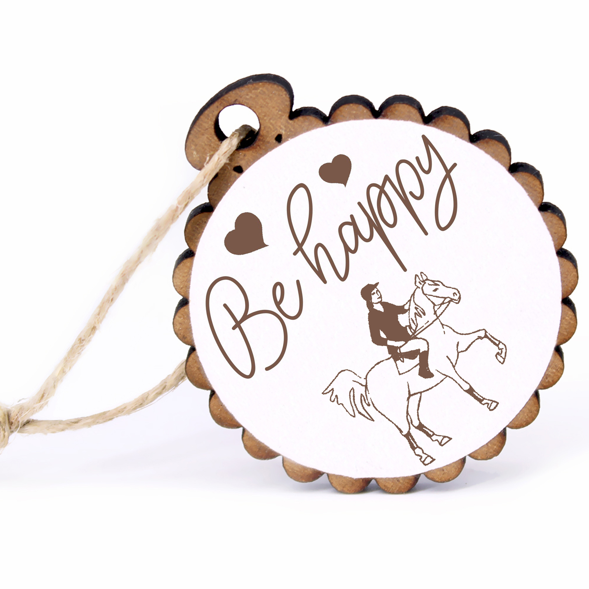 Geschenkanhänger - Be Happy Trab -  Holz Ø-5cm - mit Juteband