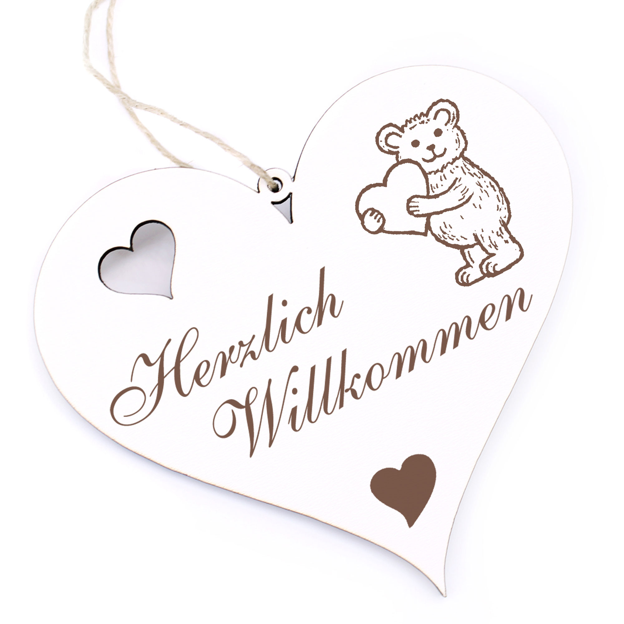 Herzlich Willkommen Schild - Teddy mit Herz - Deko Herz Holz