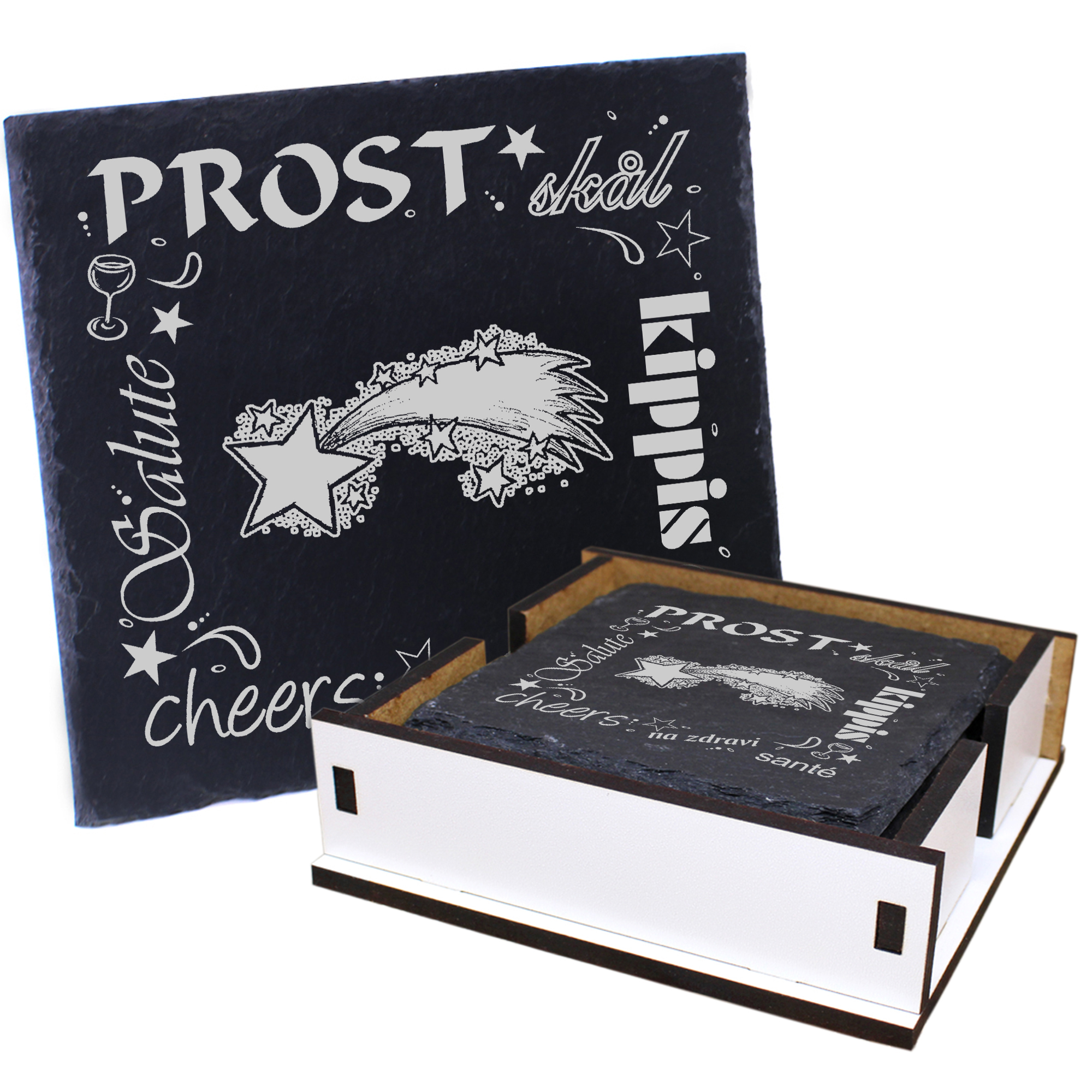 5 x Schiefer Untersetzer - Prost Sternschnuppe - inkl. Holzbox & Flaschenuntersetzer