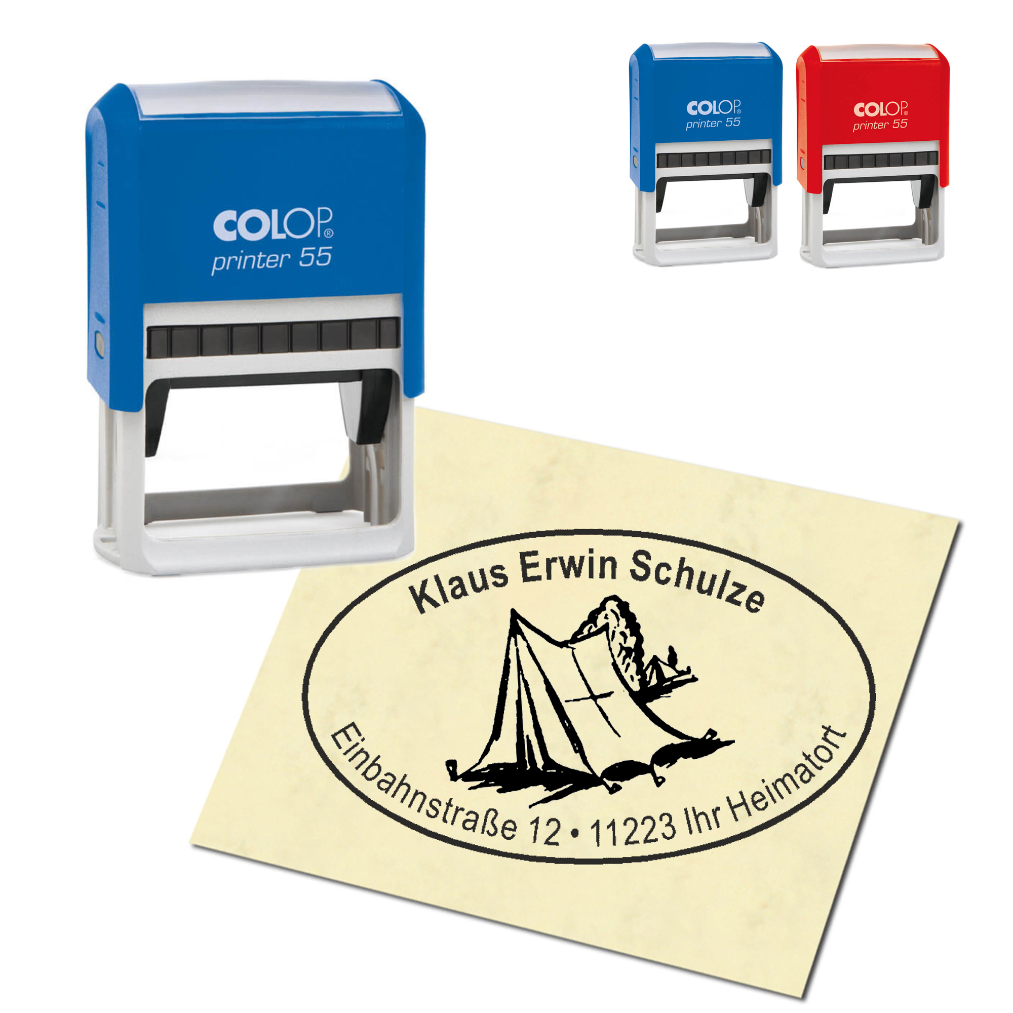 Adressstempel personalisiert Stempel - Campingzelt - oval 59 x 39 mm