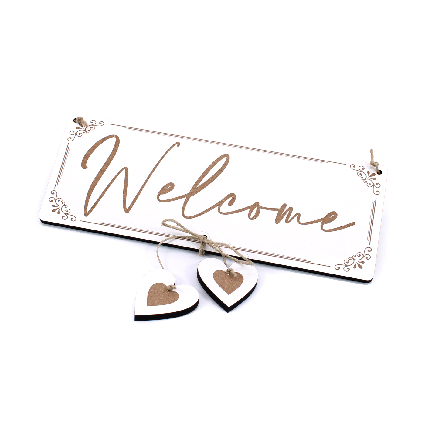 Schild Welcome und 2 Herzen - Türschild Vintage Dekoschild - 23 x 9 cm