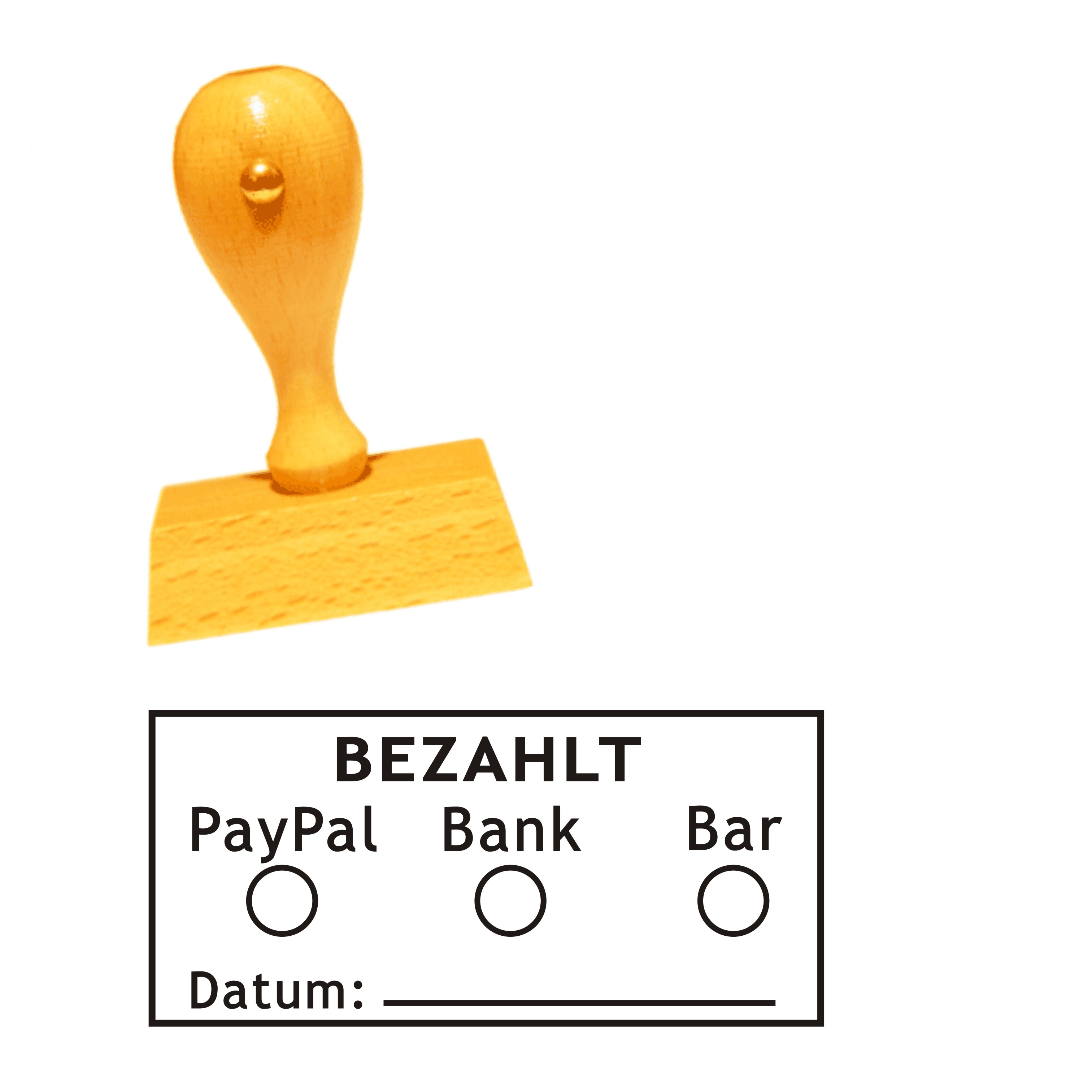 Stempel « BEZAHLT - ZUM ANKREUZEN » PayPal Bank Bar + Datum