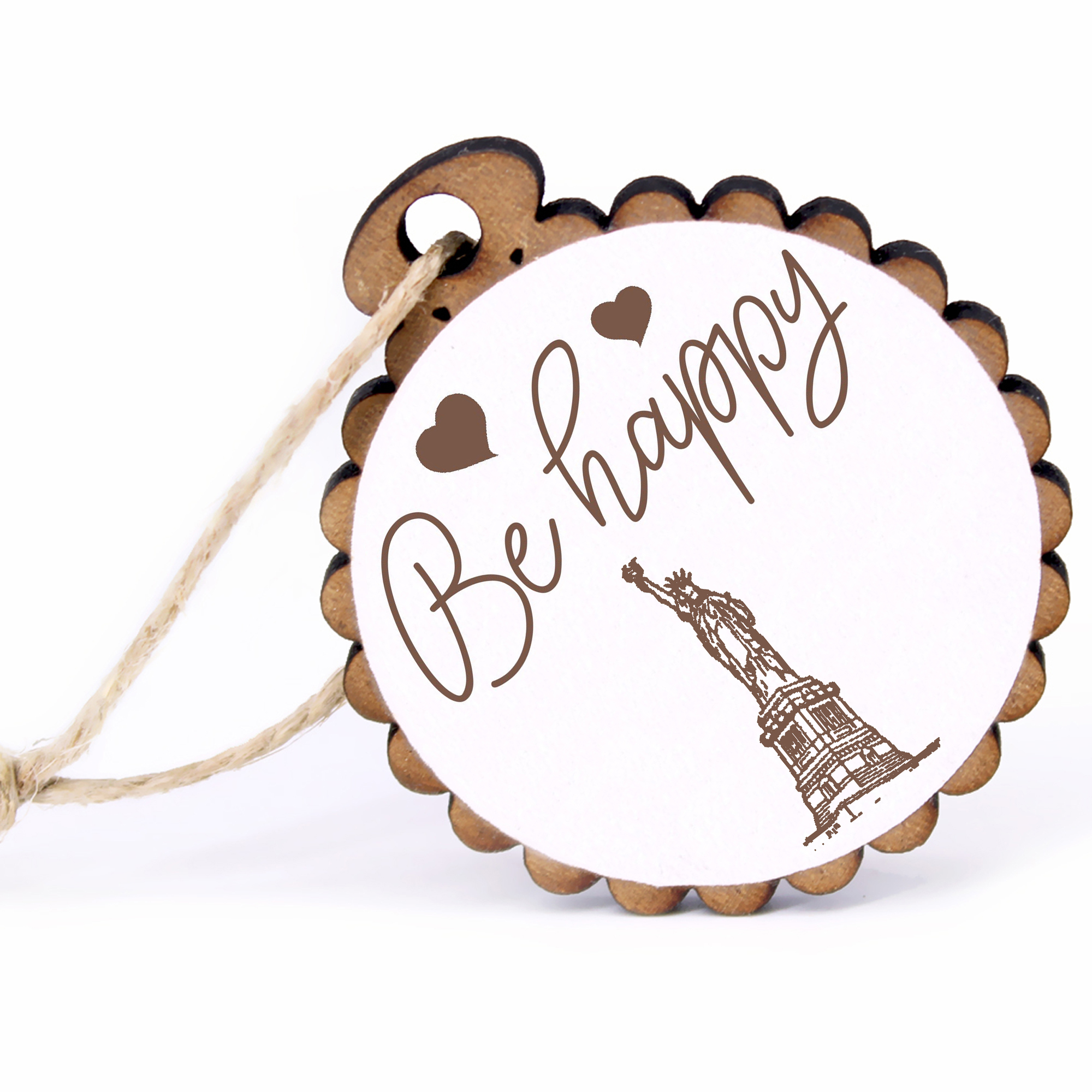 Geschenkanhänger - Be Happy Freiheitsstatue New York -  Holz Ø-5cm - mit Juteband