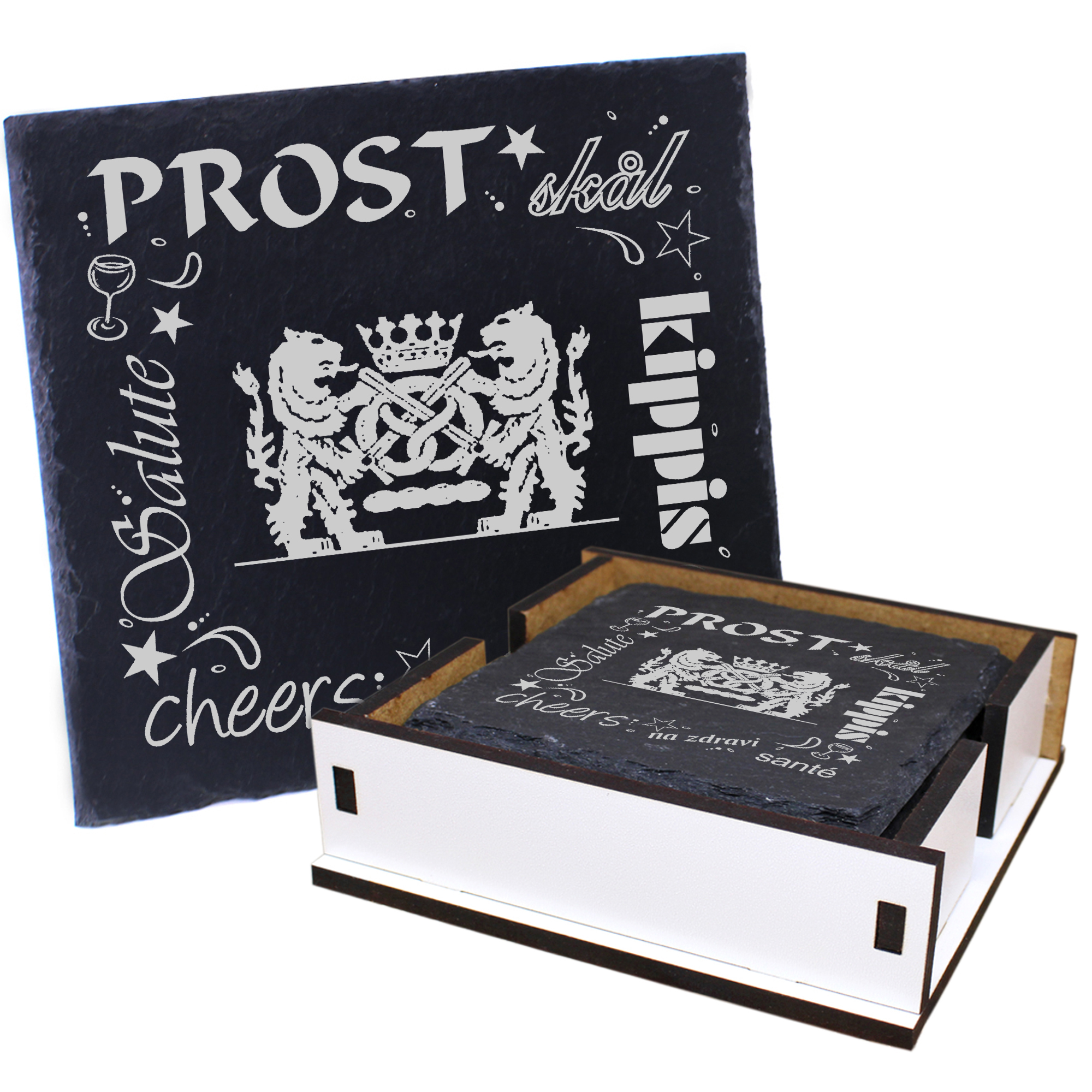 5 x Schiefer Untersetzer - Prost Bäcker - inkl. Holzbox & Flaschenuntersetzer