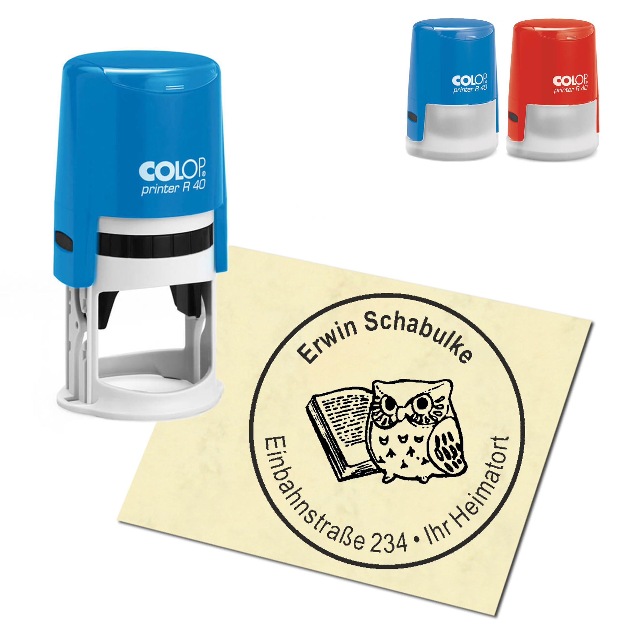 Stempel Adressstempel personalisiert - Eule und Buch - rund &empty; 40mm