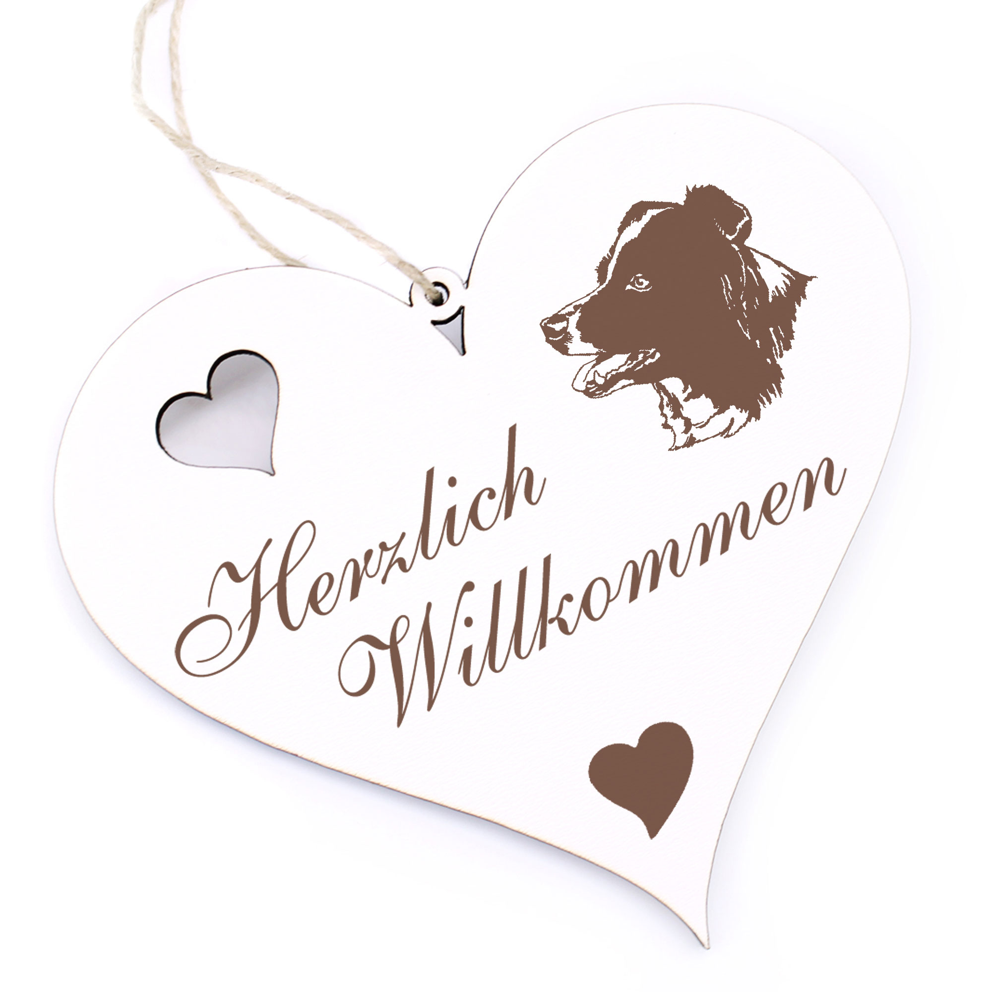 Herzlich Willkommen Schild - Australian Shepherd - Deko Herz Holz