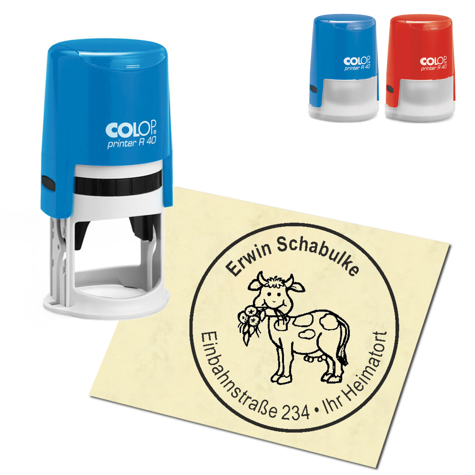 Stempel Adressstempel personalisiert - niedliche Kuh mit Blume - rund &empty; 40mm