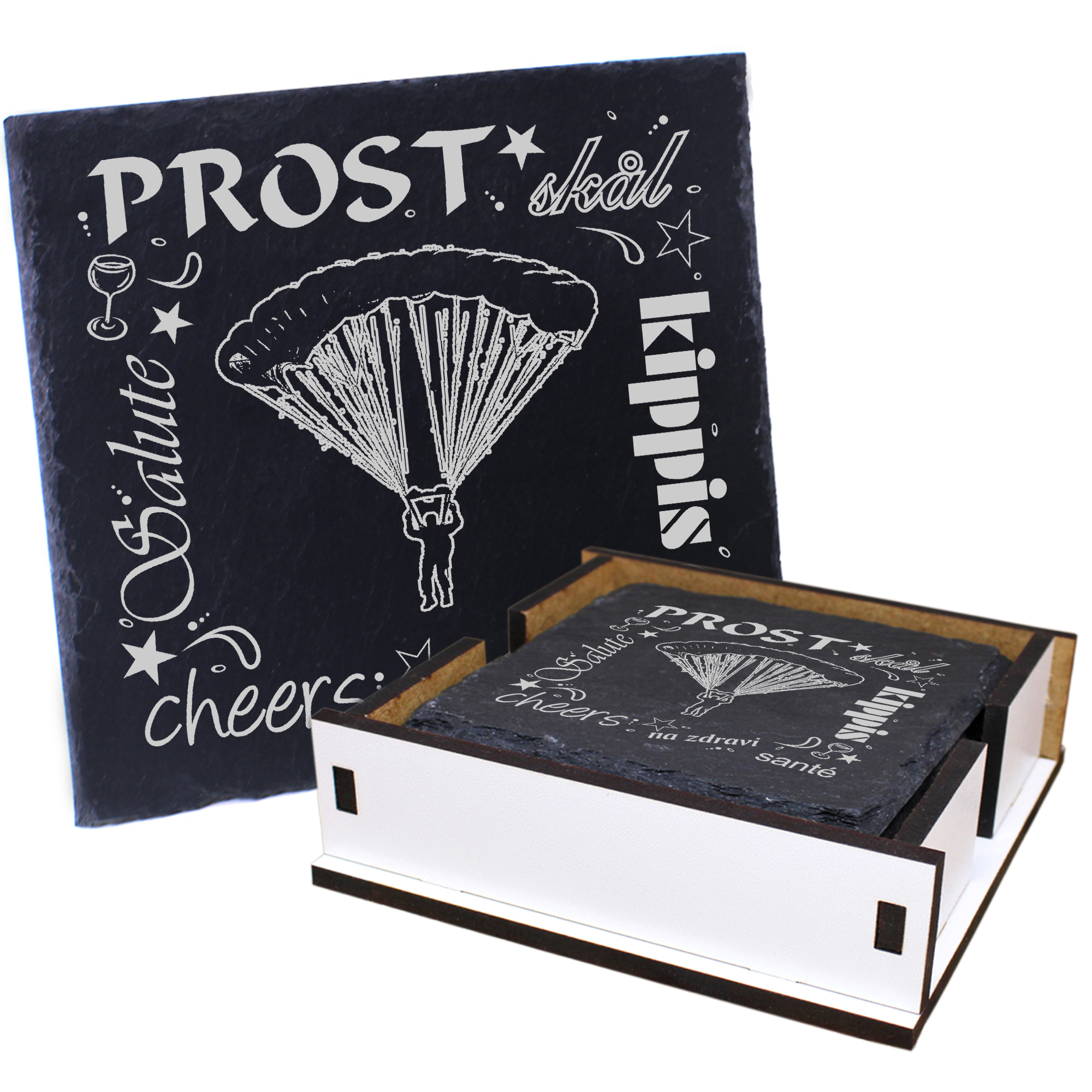 5 x Schiefer Untersetzer - Prost Fallschirm - inkl. Holzbox & Flaschenuntersetzer