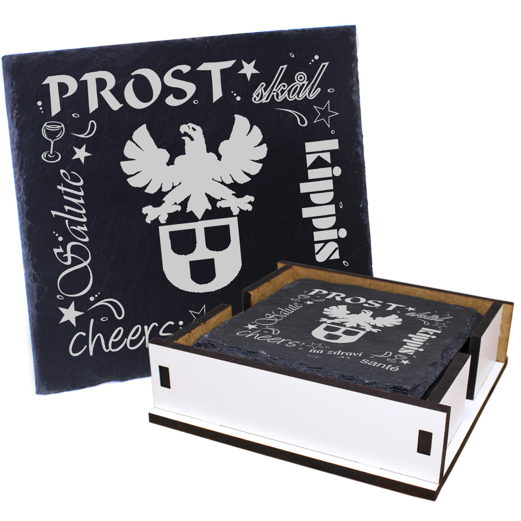 5 x Schiefer Untersetzer - Prost Maler - inkl. Holzbox & Flaschenuntersetzer