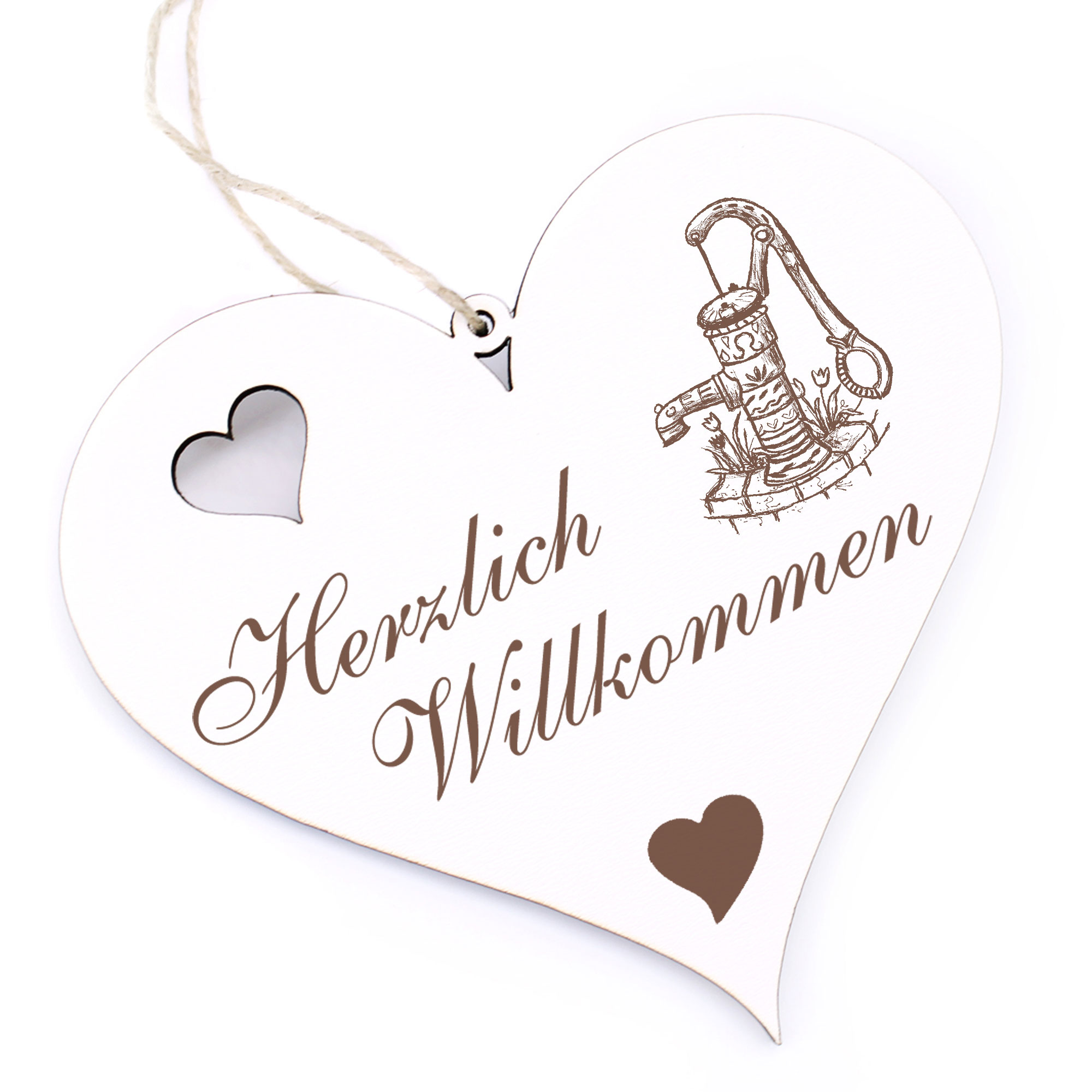 Herzlich Willkommen Schild - alter Brunnen - Deko Herz Holz