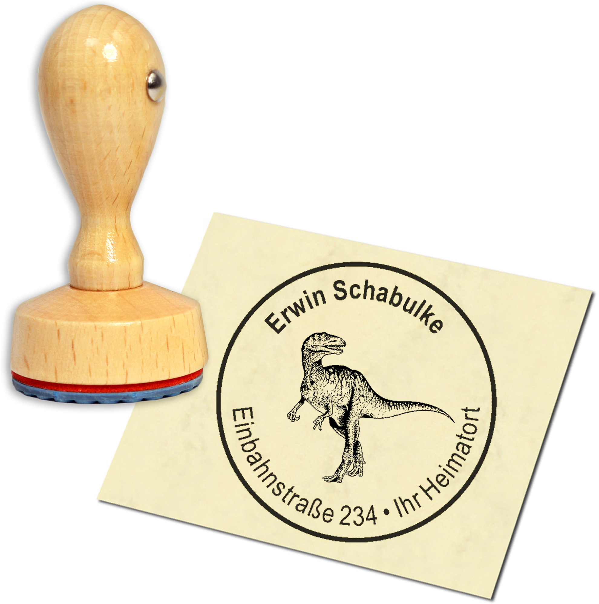 Stempel Adressstempel Holzstempel - Dinosaurier Megalosaurus - rund 40mm