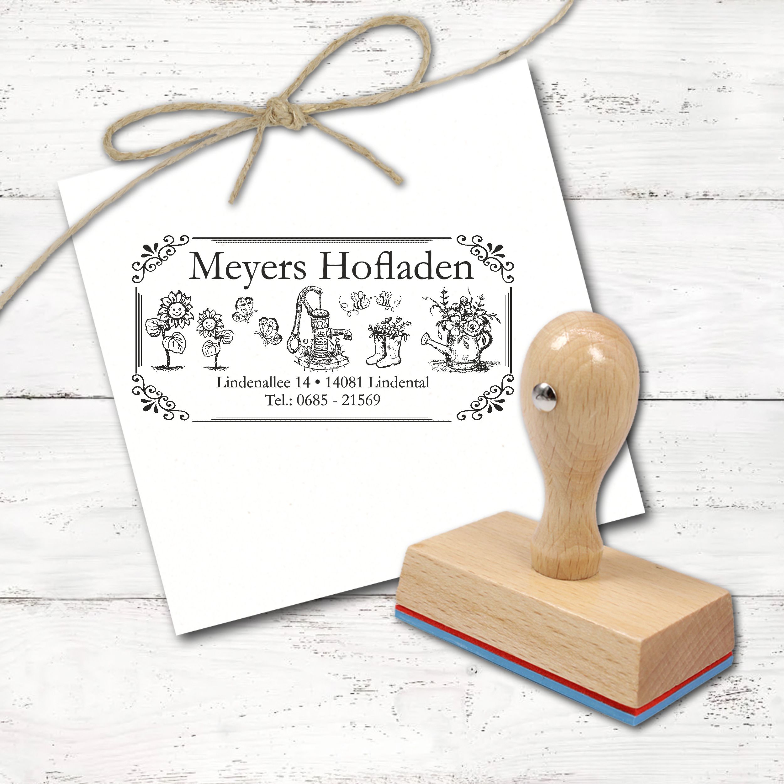 Personalisierter Hofladen Stempel mit Name & Adresse - ländliches Vintage Motiv - Motivstempel Holzstempel 100x50 mm