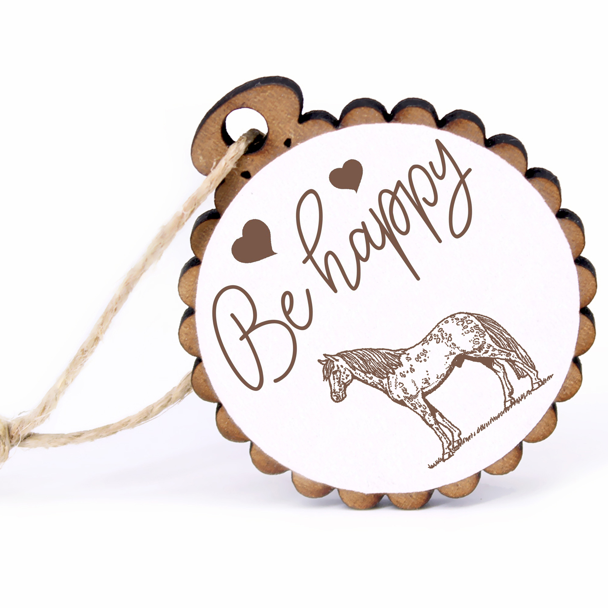 Geschenkanhänger - Be Happy Appaloosa Pferd -  Holz Ø-5cm - mit Juteband