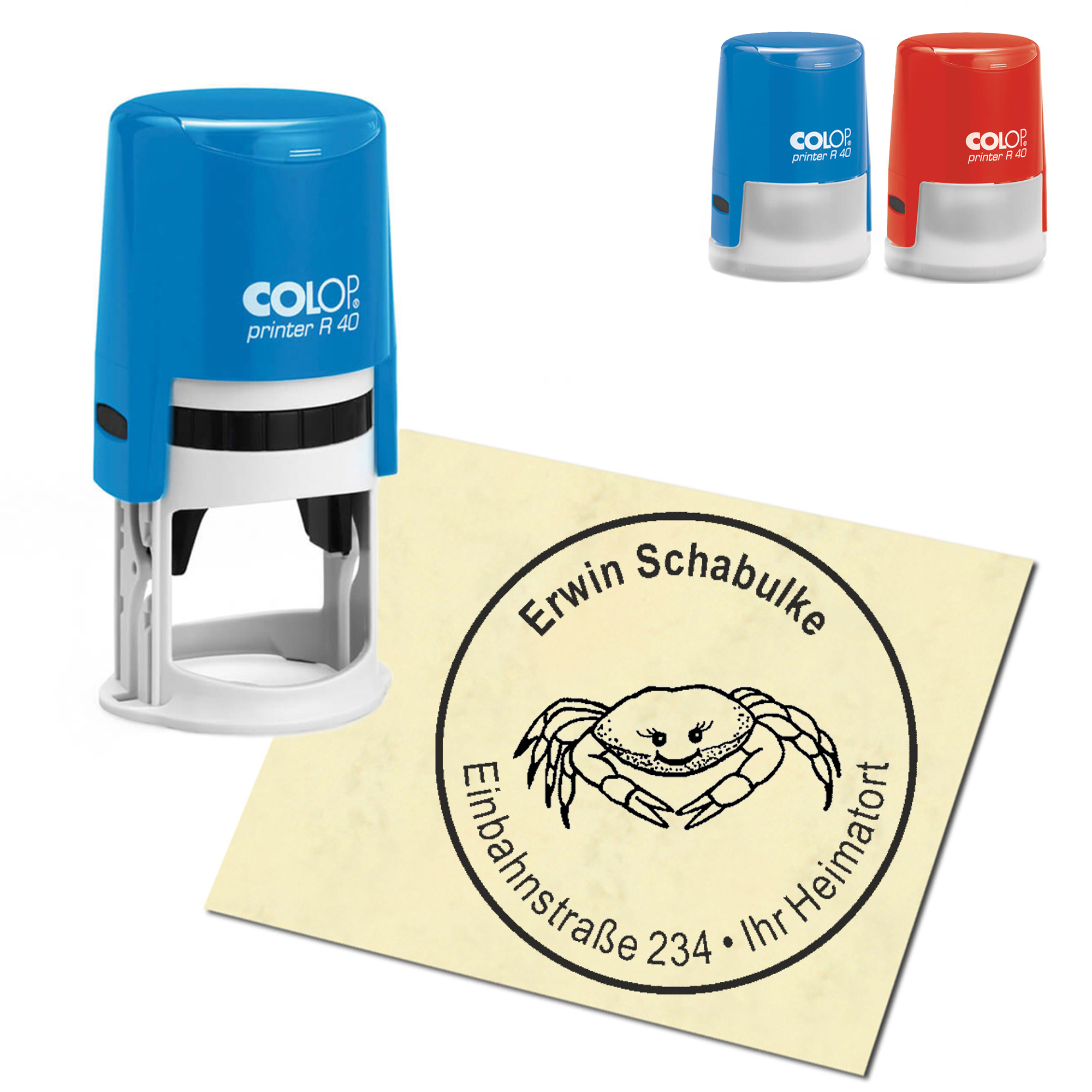 Stempel Adressstempel personalisiert - niedlicher Krebs - rund &empty; 40mm