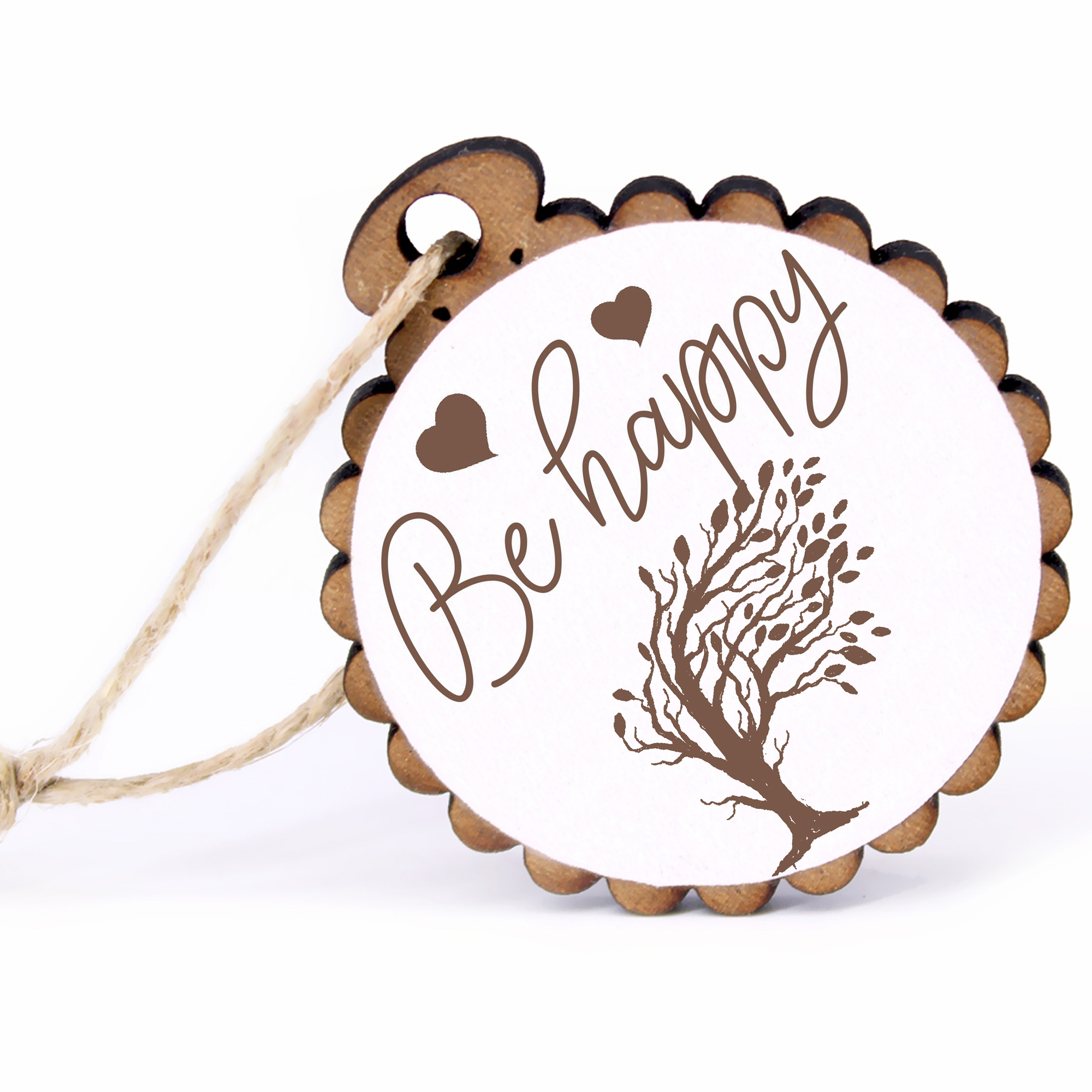 Geschenkanhänger - Be Happy Baum im Wind -  Holz Ø-5cm - mit Juteband