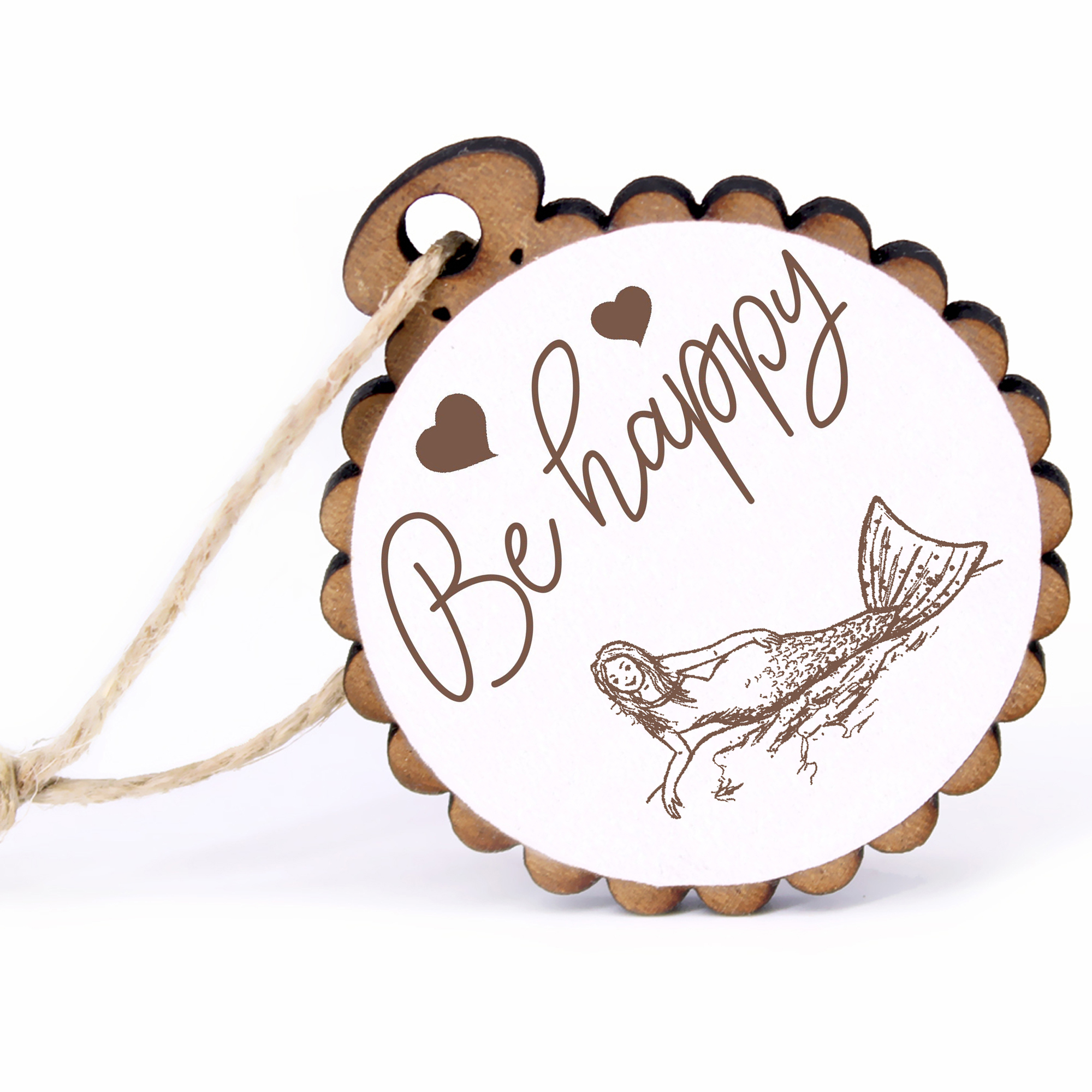 Geschenkanhänger - Be Happy liegende Meerjungfrau -  Holz Ø-5cm - mit Juteband