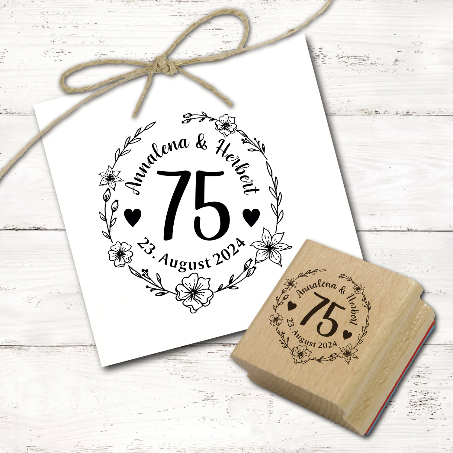 Motivstempel Hochzeit 75.  Hochzeitstag mit Namen, Datum und Zahl 75 Jahre - Blumen Kranz - Abdruck Ø 48 mm